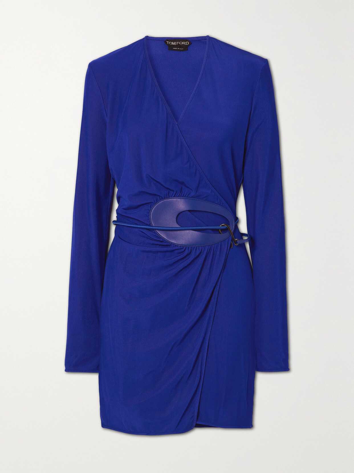 TOM FORD - Leather-trimmed Crepe Mini Wrap Dress - Blue