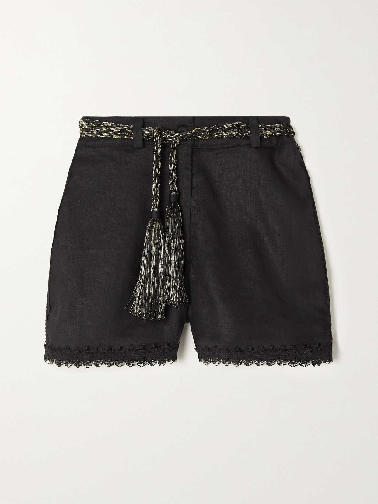 WAIMARI - + Net Sustain Pixie Belted Lace-trimmed Linen Shorts - Black