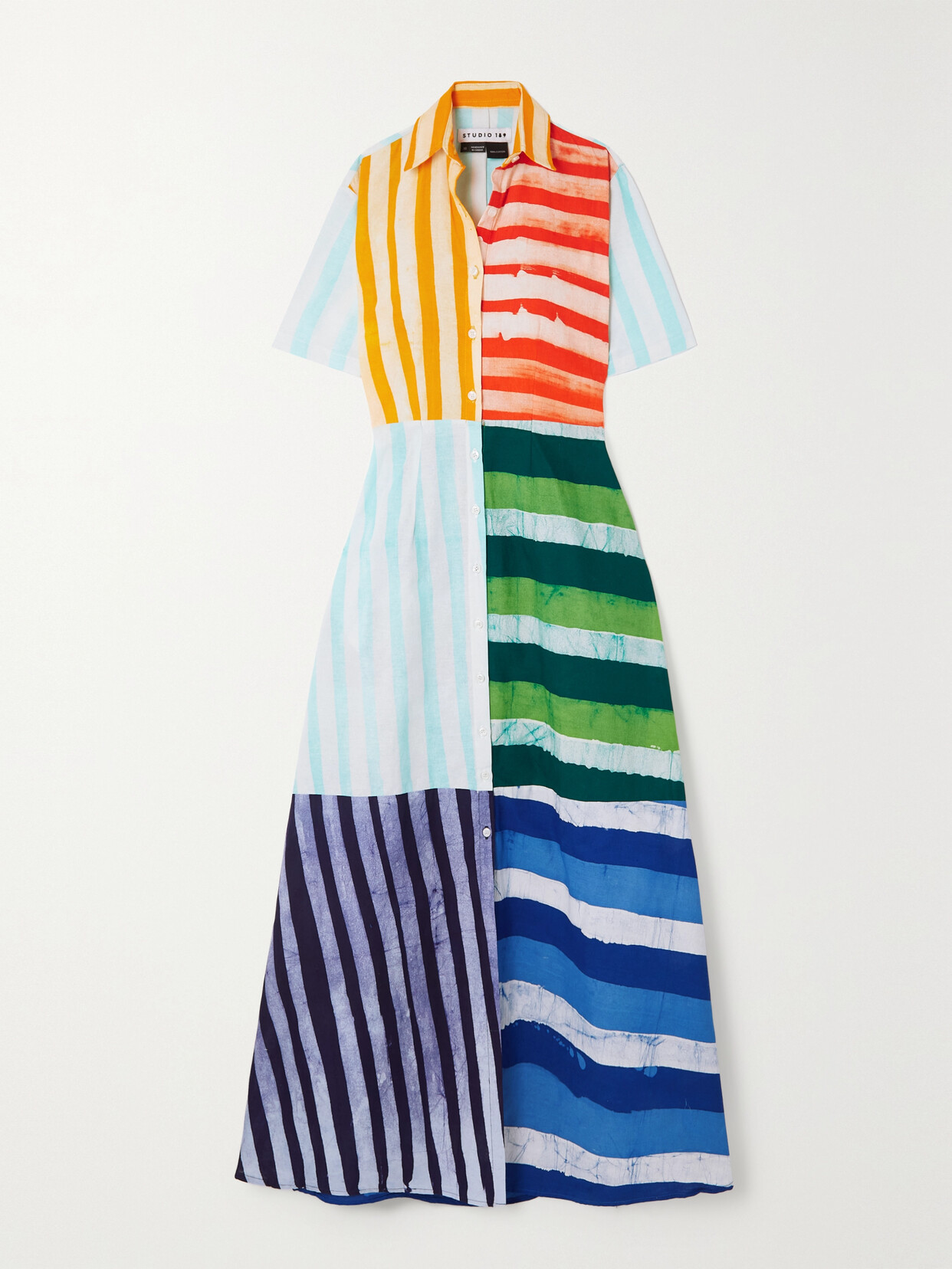 STUDIO 189 PATCHWORK STRIPED COTTON-VOILE MAXI SHIRT DRESS