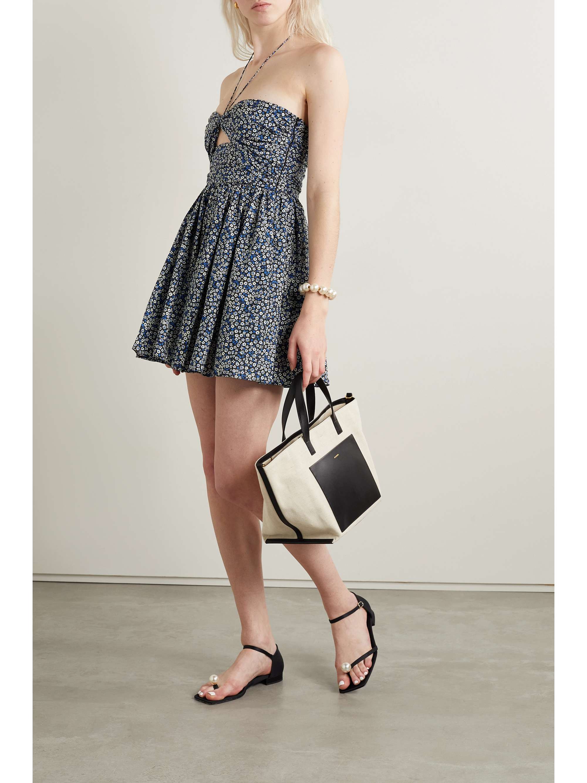 MATTEAU Cutout ruched floral-print organic cotton-poplin halterneck mini dress