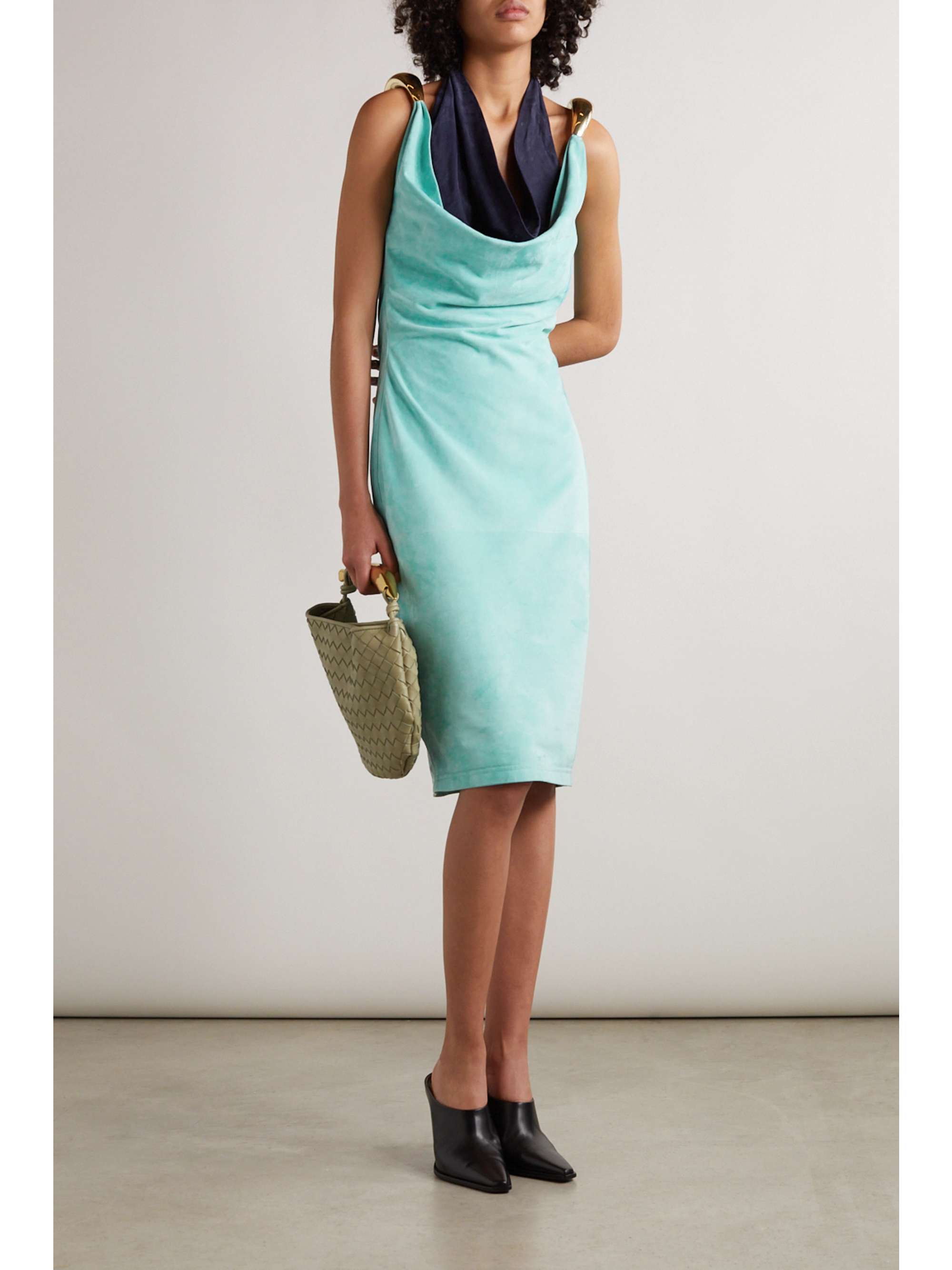 BOTTEGA VENETA Layered draped embellished suede dress