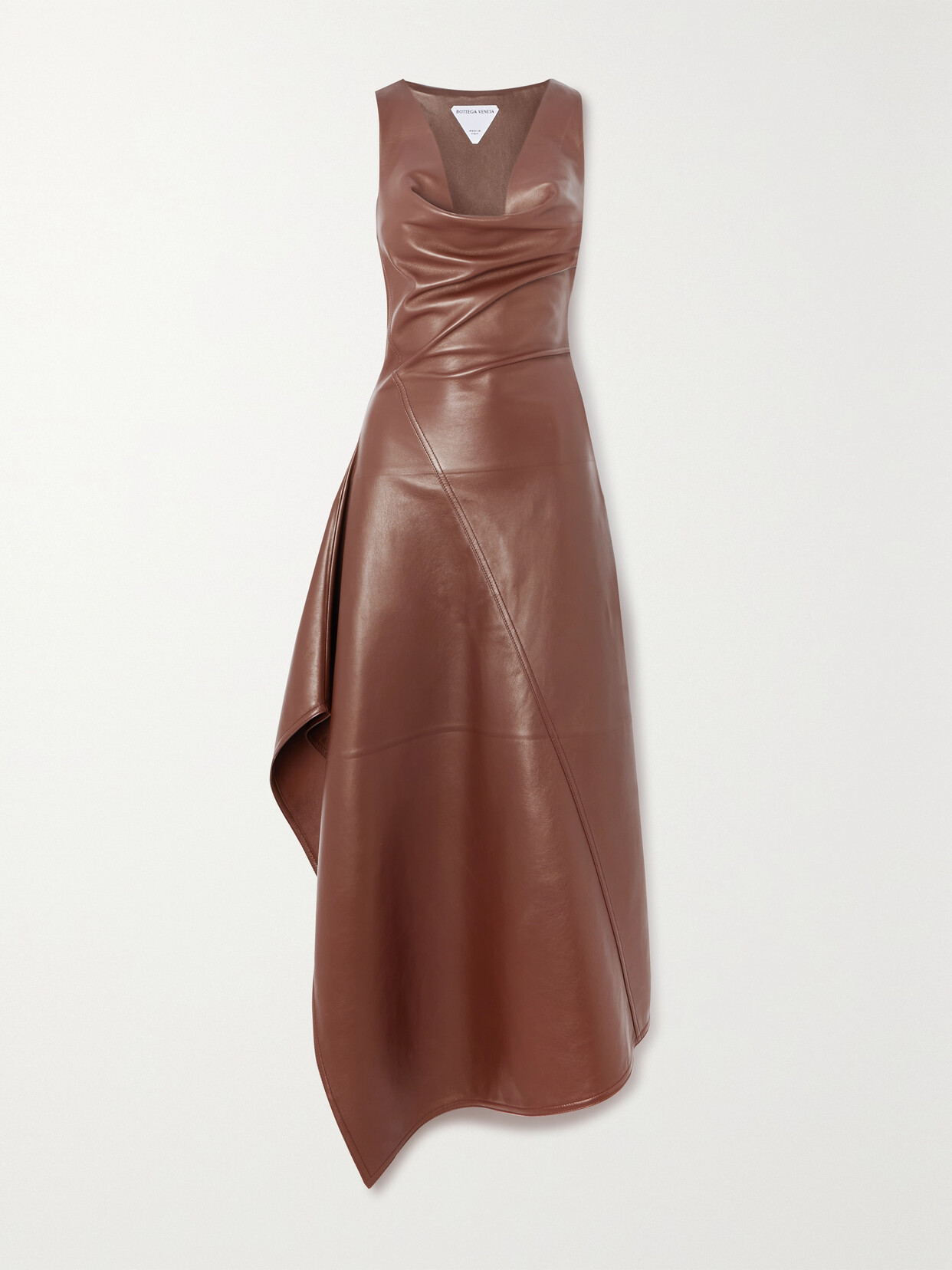 Shop Bottega Veneta Asymmetric Draped Leather Midi Dress In Brown