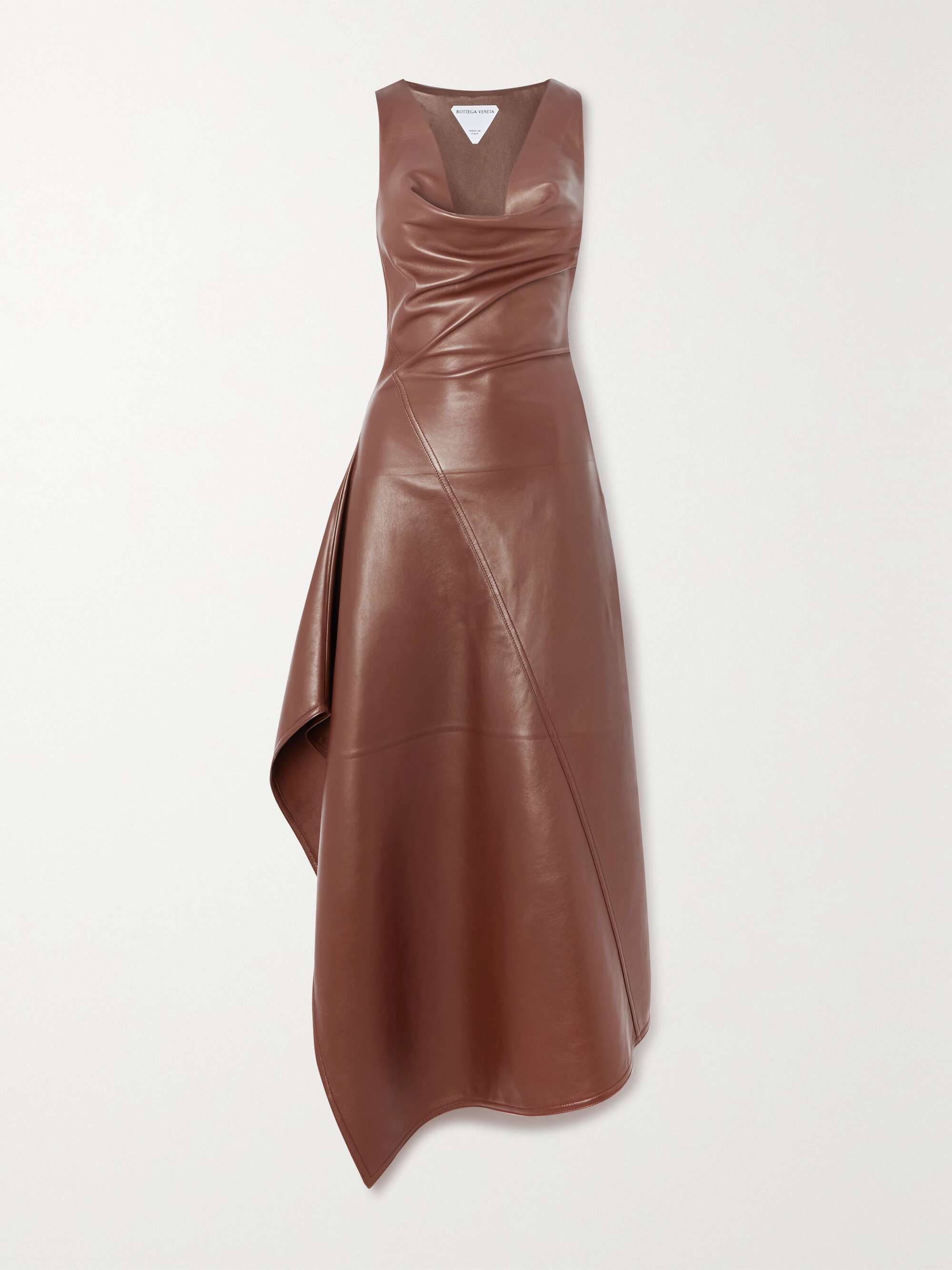 BOTTEGA Asymmetric draped leather midi dress NETAPORTER