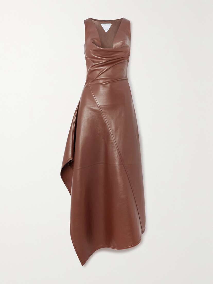 Bottega Veneta Asymmetric Draped Leather Midi Dress