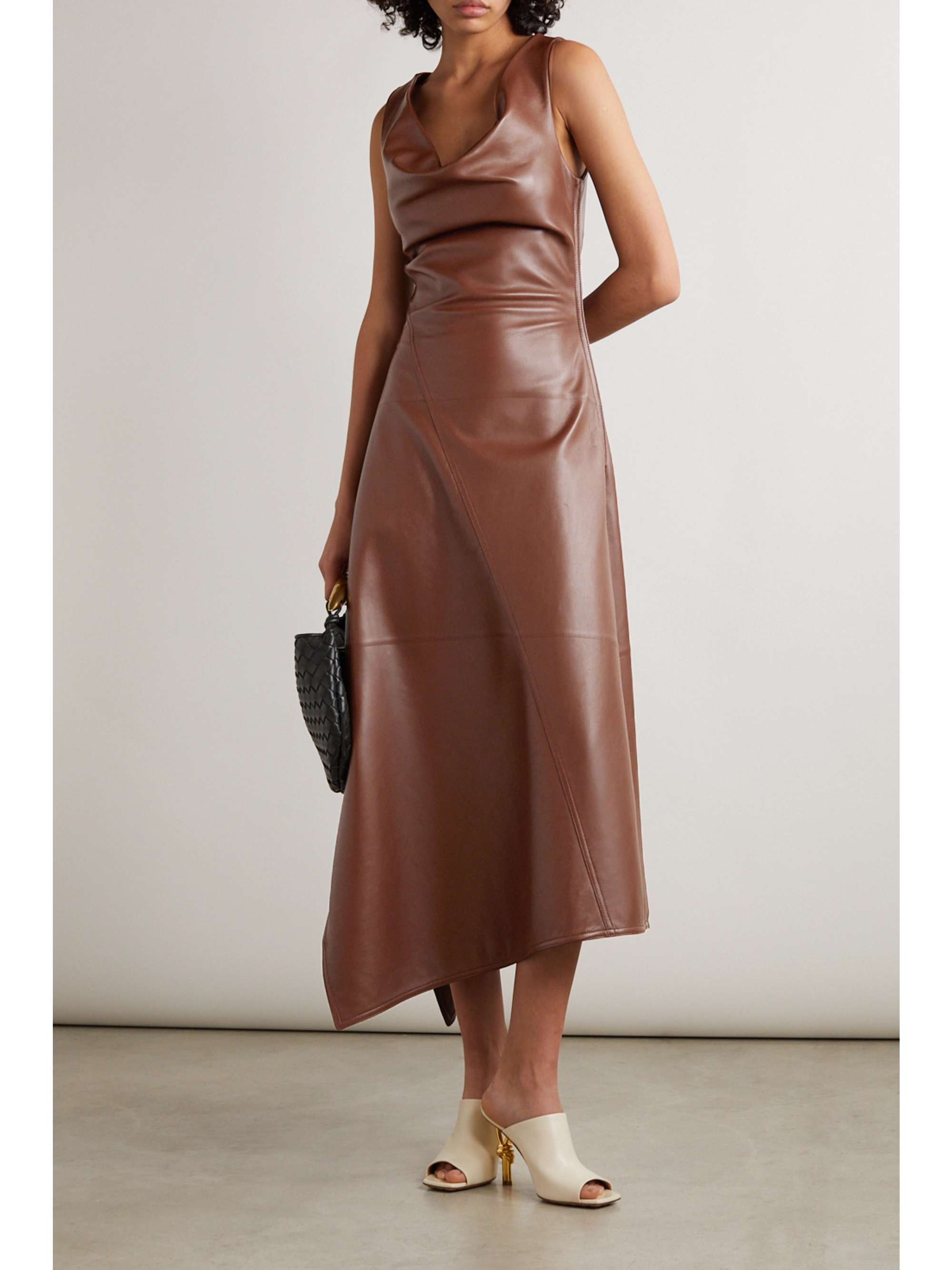 BOTTEGA VENETA Asymmetric draped leather midi dress