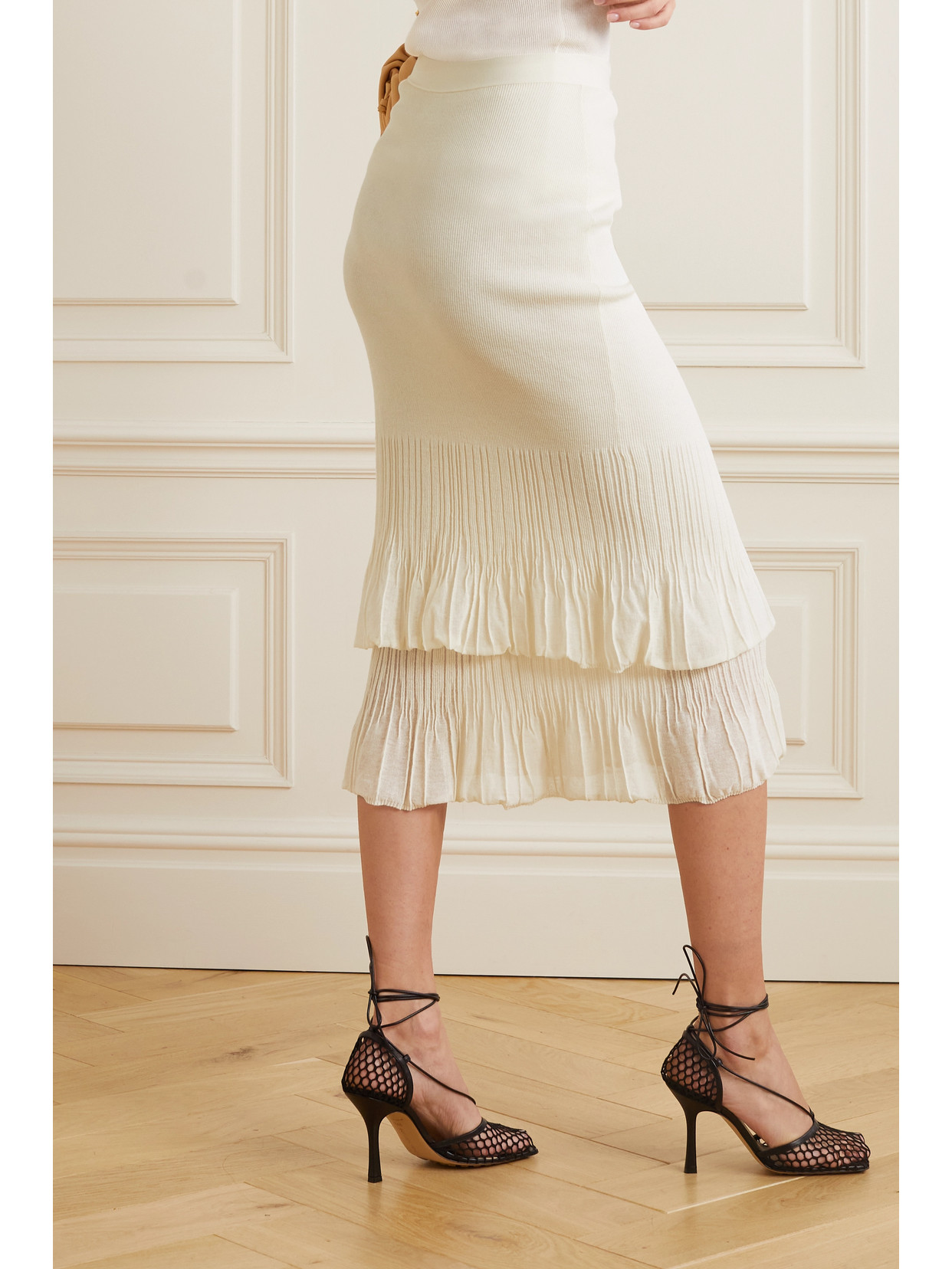 Shop Bottega Veneta Ribbed Pleated Cotton-blend Midi Skirt In Cream