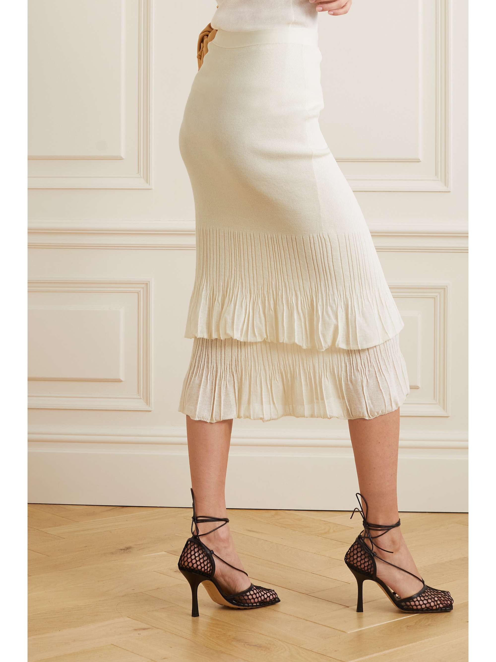 BOTTEGA VENETA Ribbed pleated cotton-blend midi skirt