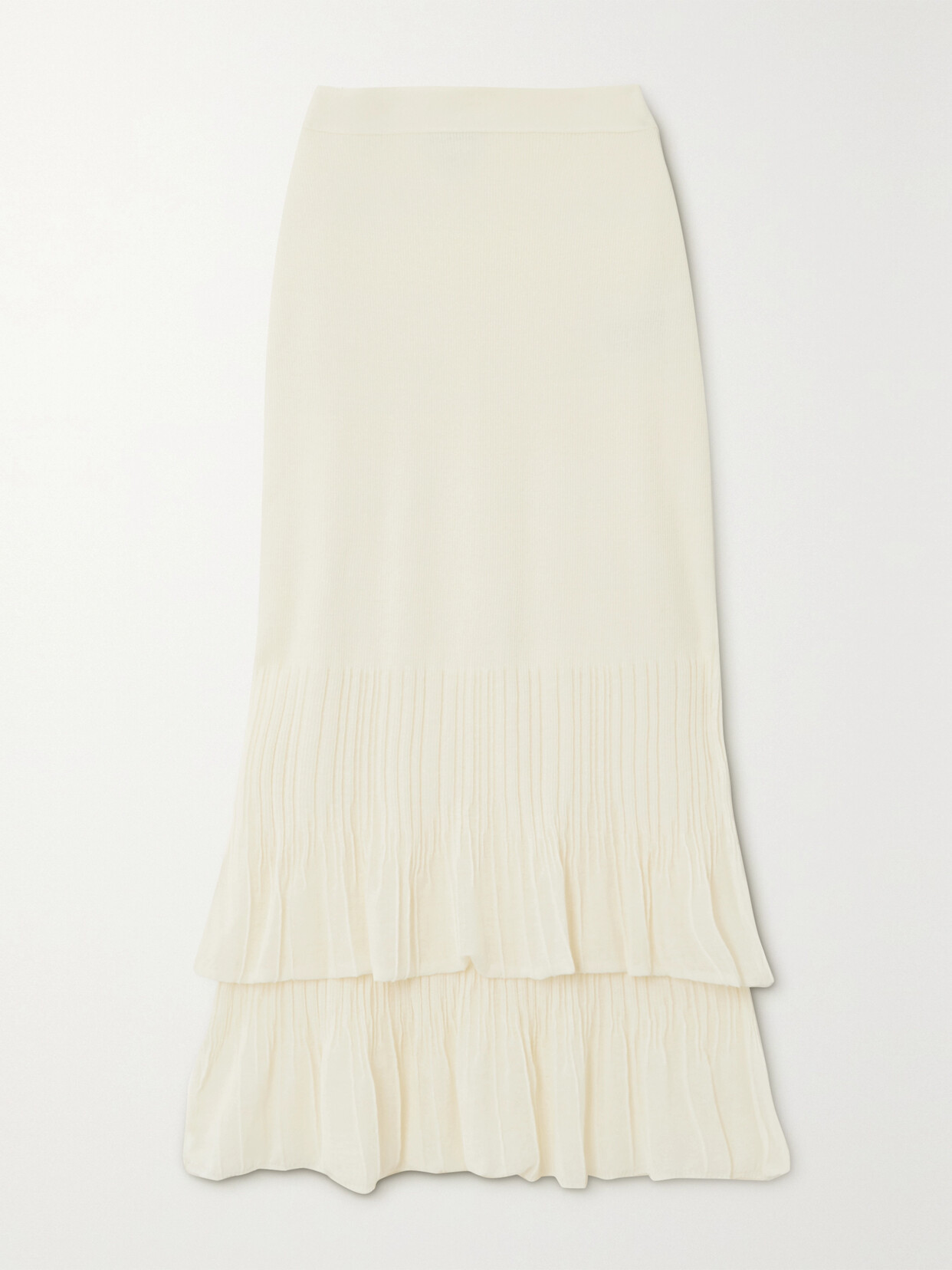 Shop Bottega Veneta Ribbed Pleated Cotton-blend Midi Skirt In Cream