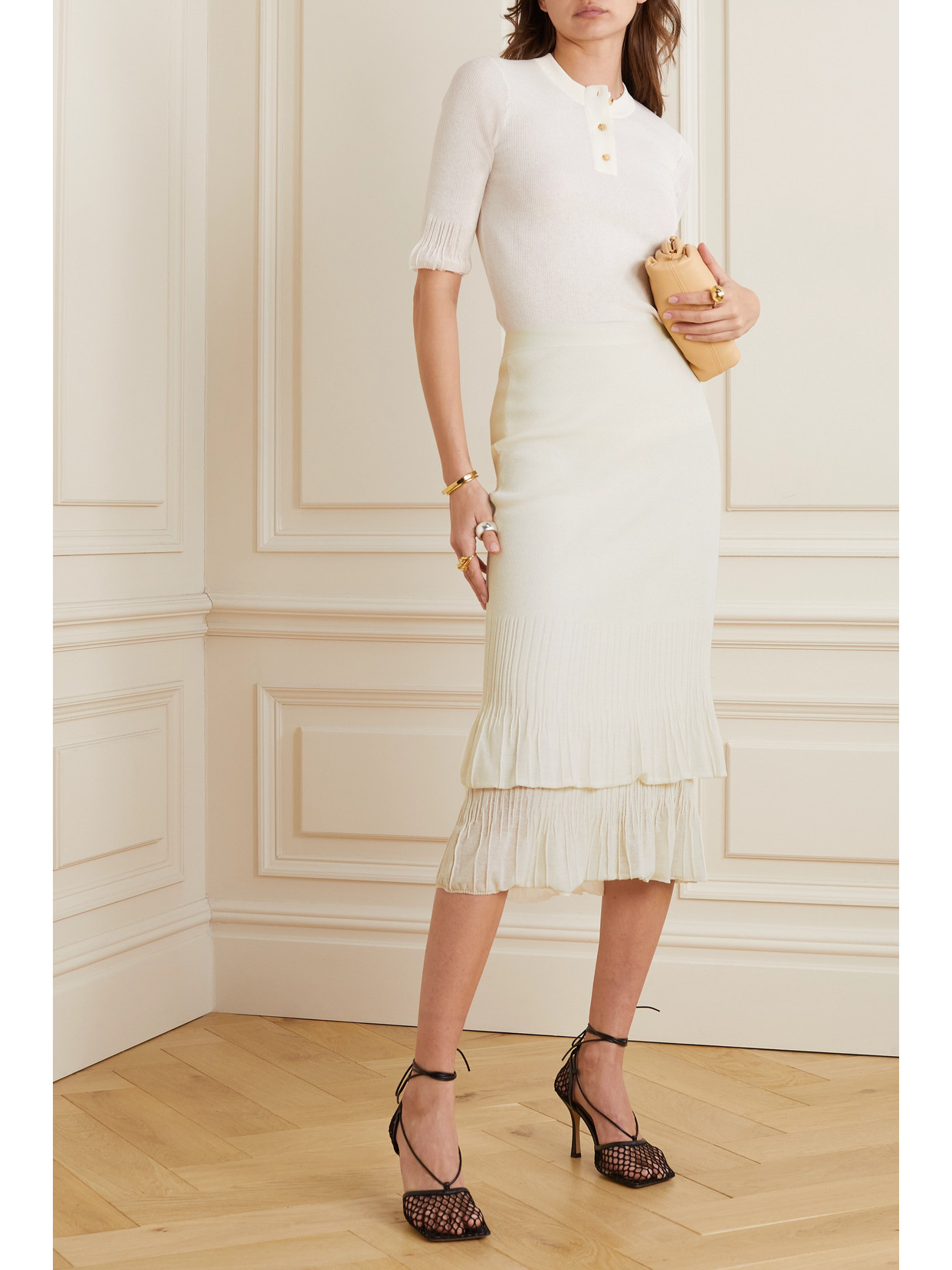 Shop Bottega Veneta Ribbed Pleated Cotton-blend Midi Skirt In Cream