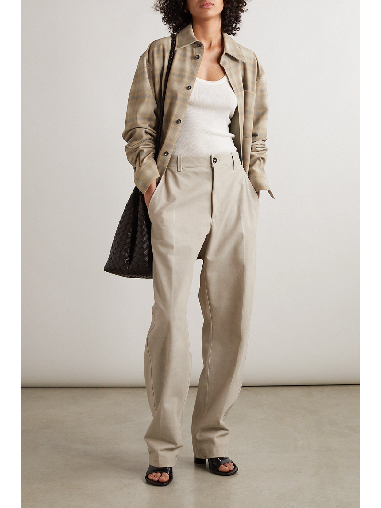 Bottega Veneta Oversized Checked Leather Shirt In Neutrals