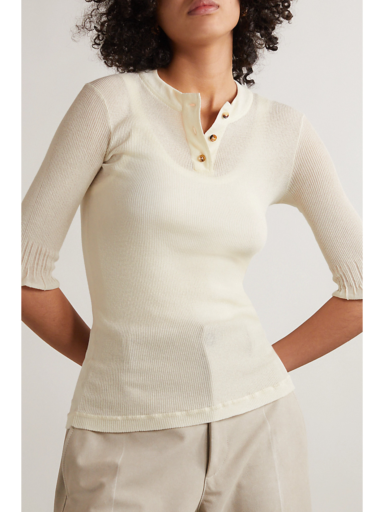Shop Bottega Veneta Ribbed Cotton-blend Top In Cream