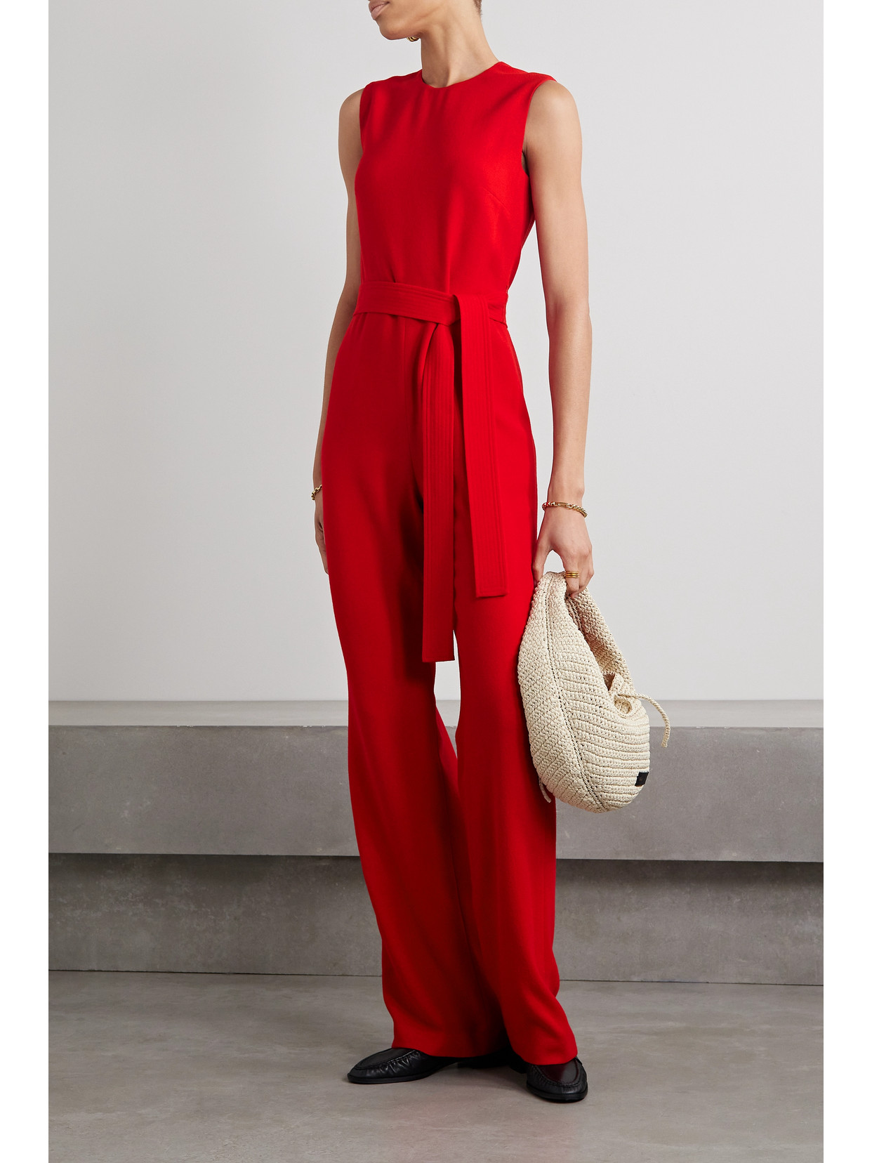 Adam Lippes Belted Wool-crepe Jumpsuit In Red