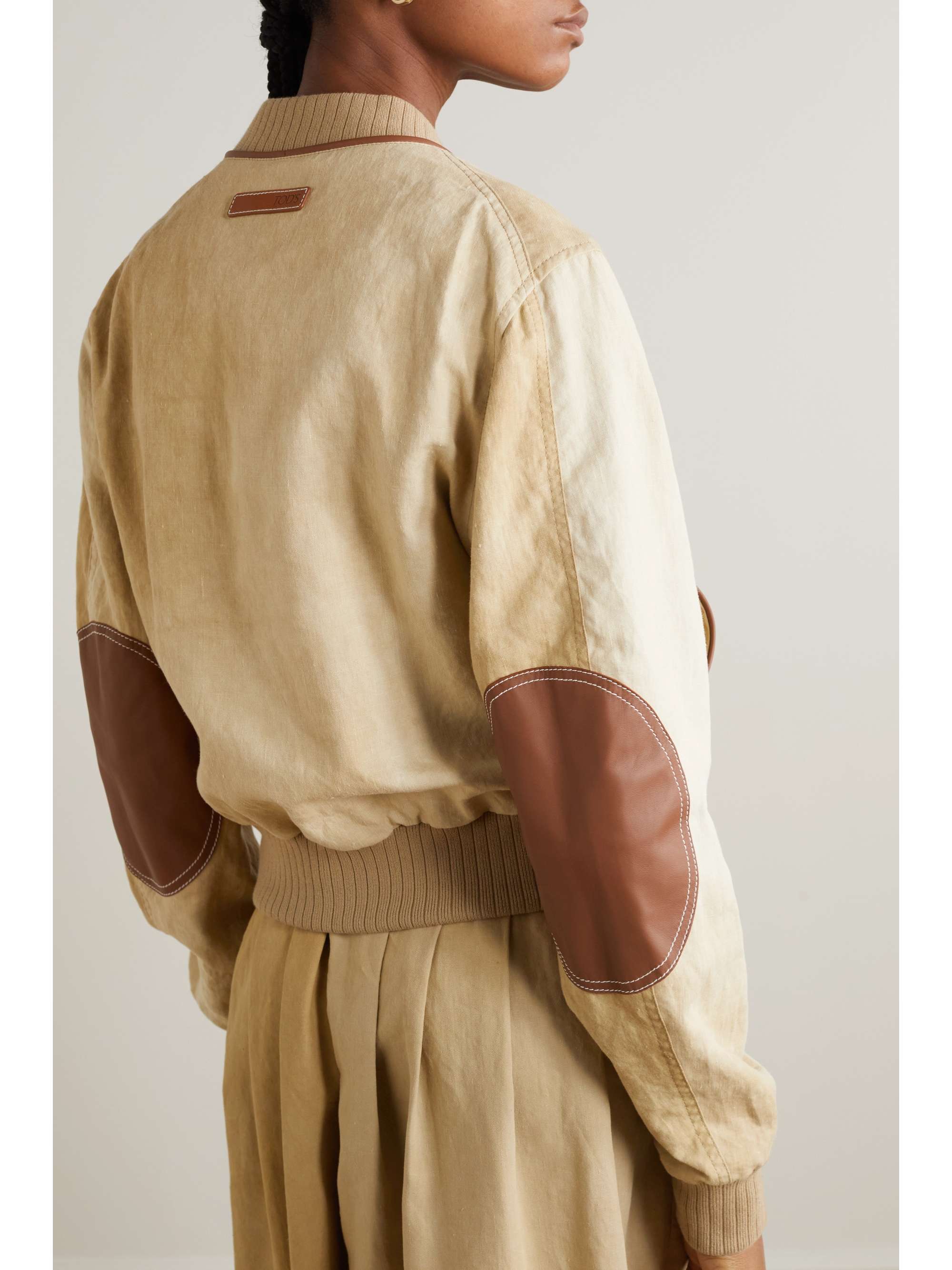 TOD'S Leather-trimmed linen and cotton-blend bomber jacket