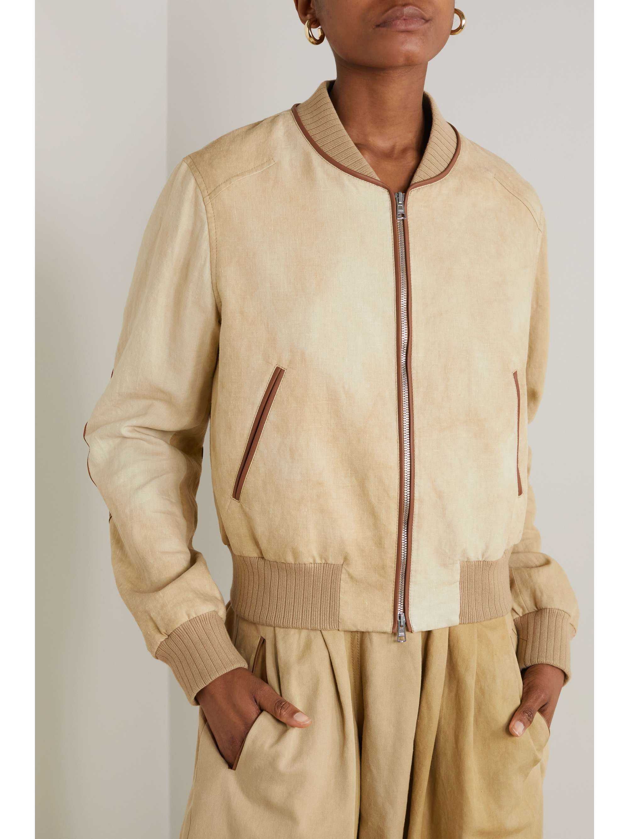 TOD'S Leather-trimmed linen and cotton-blend bomber jacket