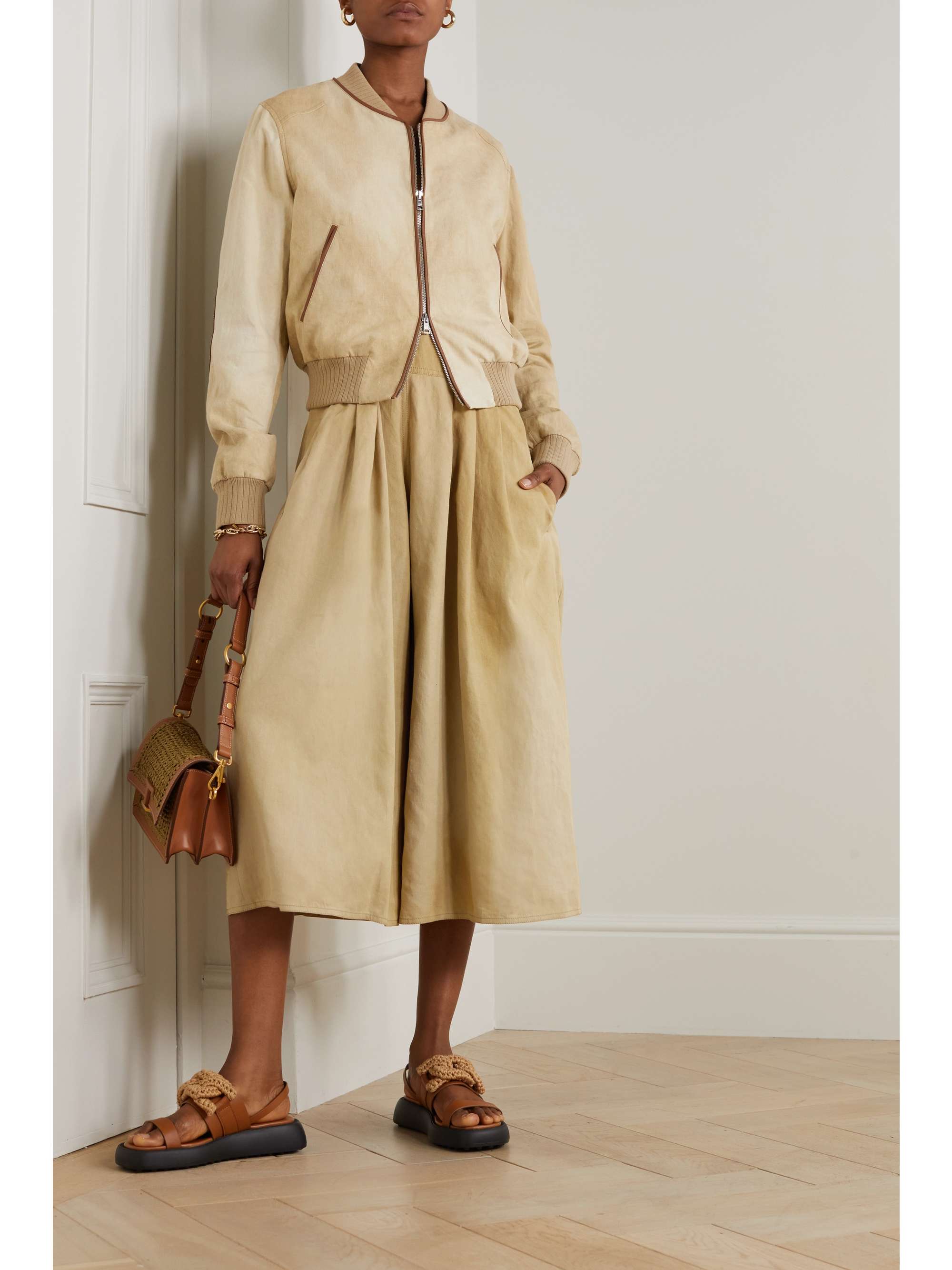 TOD'S Leather-trimmed linen and cotton-blend bomber jacket