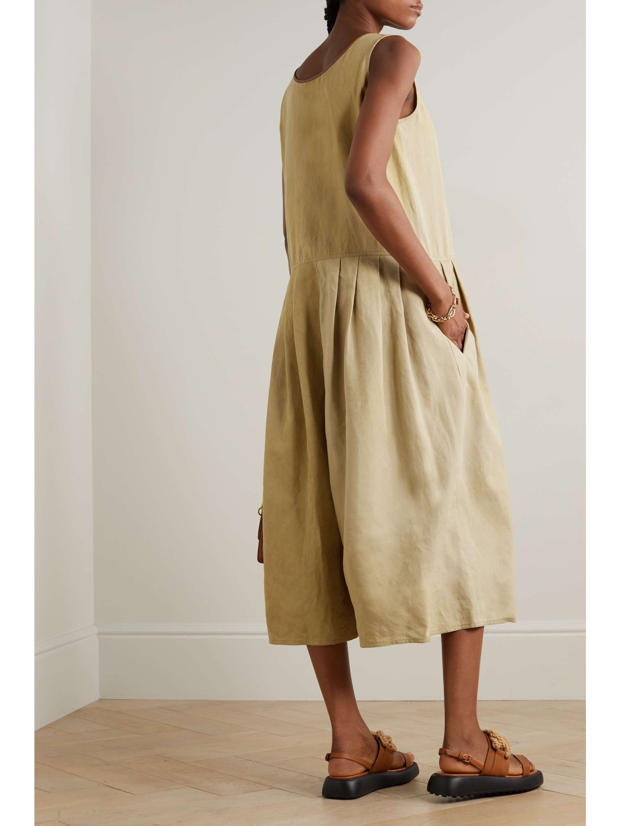 TOD'S Cropped pleated leather-trimmed linen and cotton-blend jumpsuit