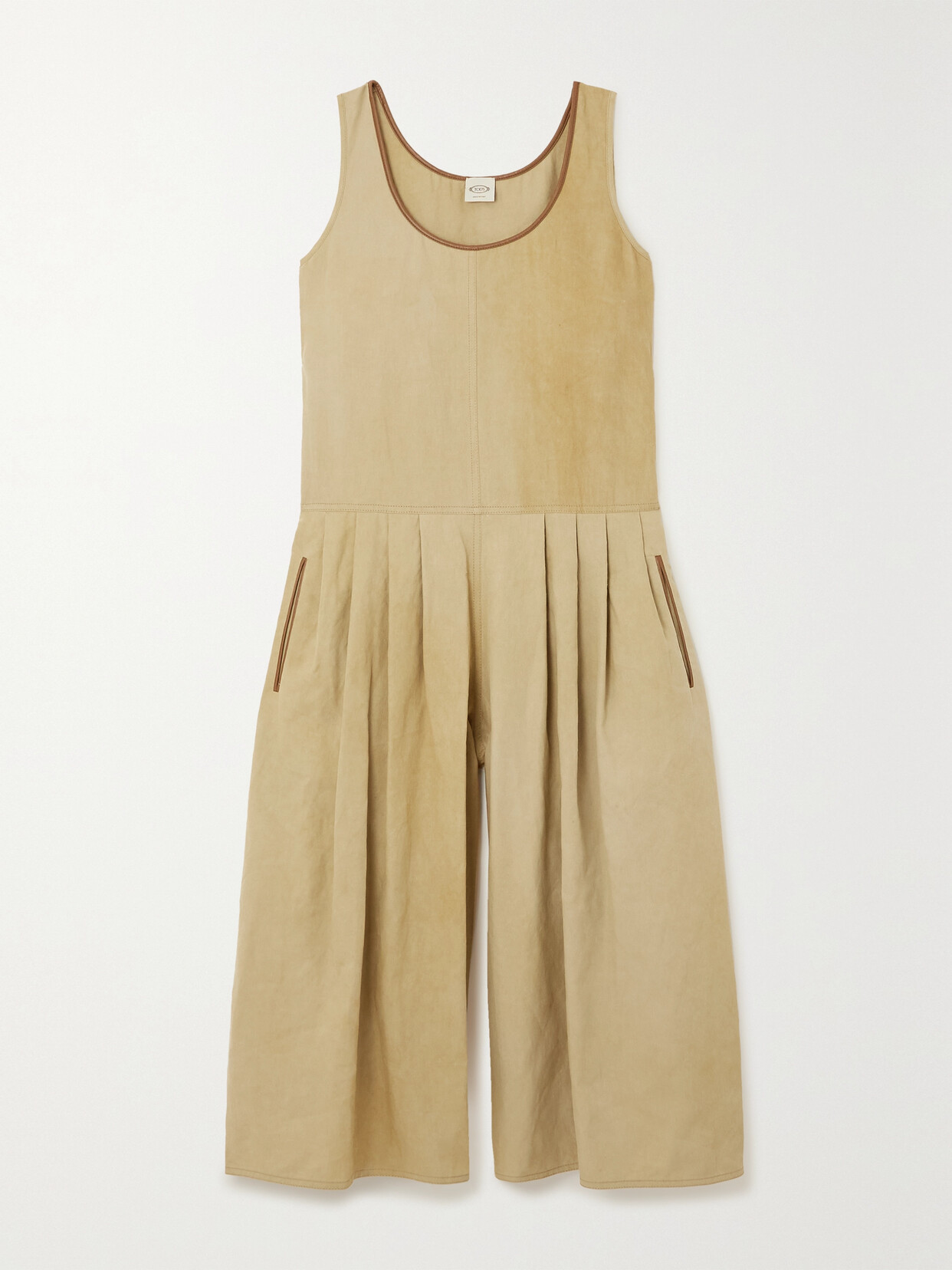 Tod's Cropped Pleated Leather-trimmed Linen And Cotton-blend Jumpsuit In Neutrals