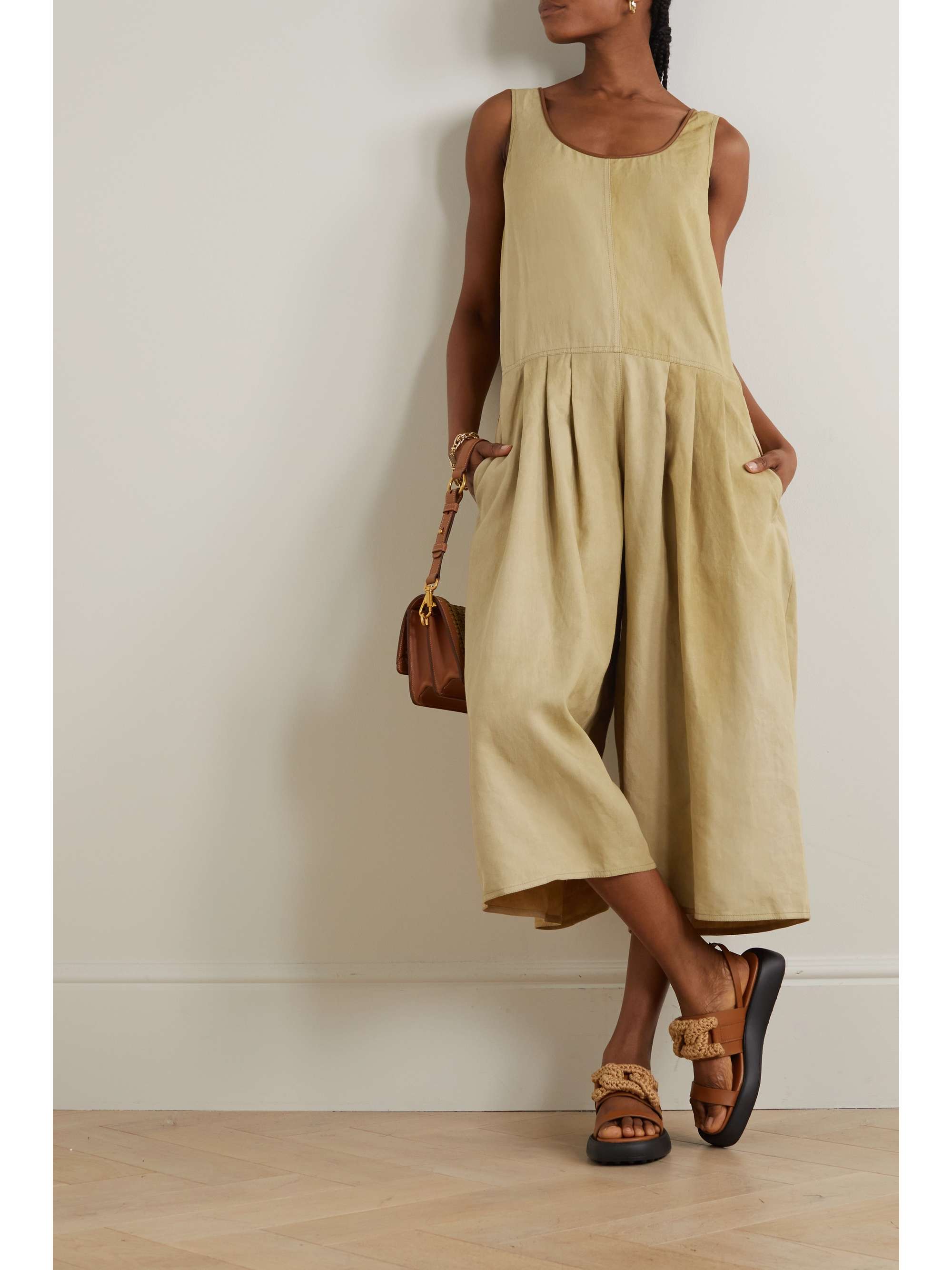 TOD'S Cropped pleated leather-trimmed linen and cotton-blend jumpsuit