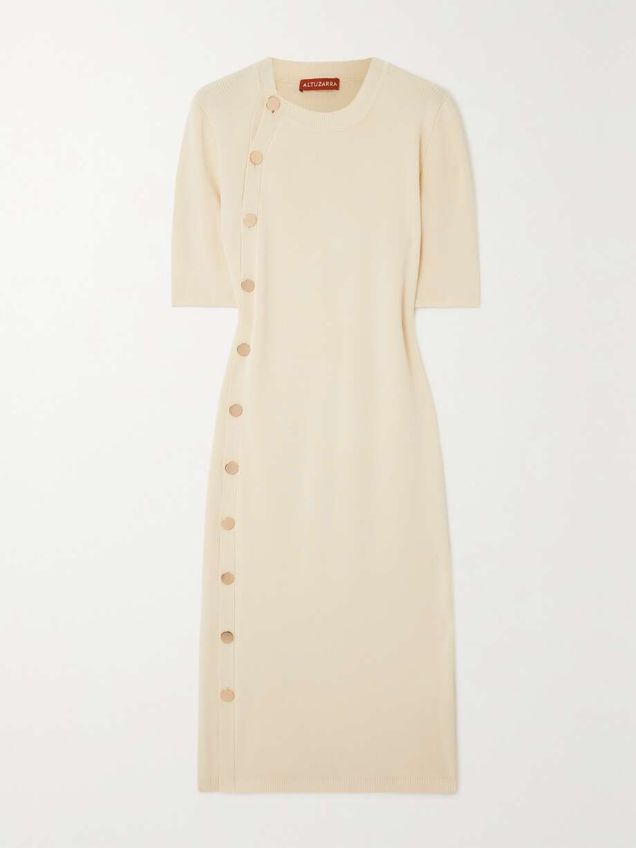 topaz button-detailed ribbed-knit midi dress