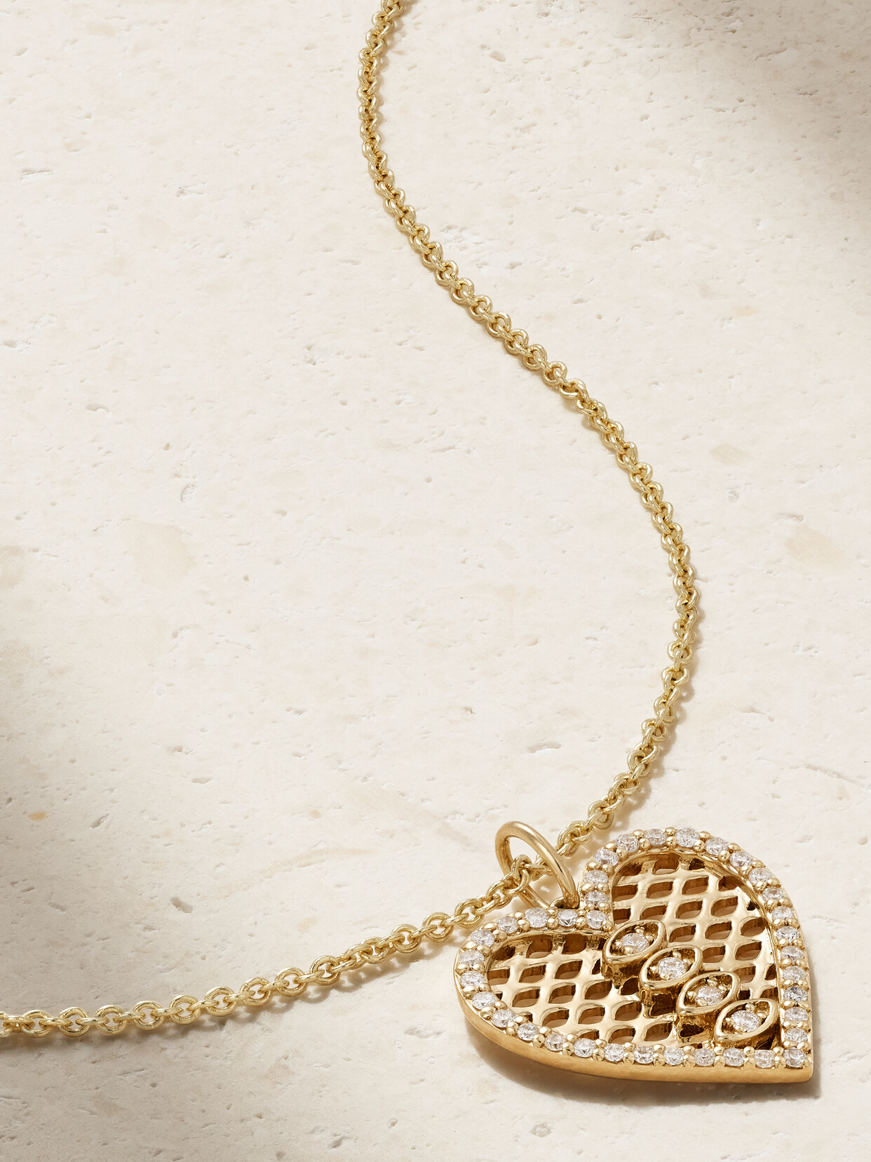 Sydney Evan Tiffany Fishnet Diamond Heart Charm Necklace In Gold