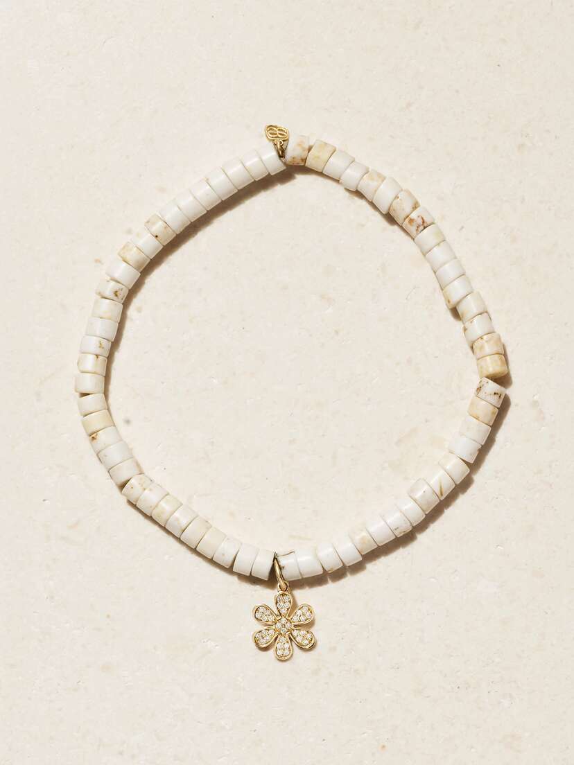 Sydney Evan Mini Pavé Daisy 14-karat Gold, Turquoise And Diamond Bracelet