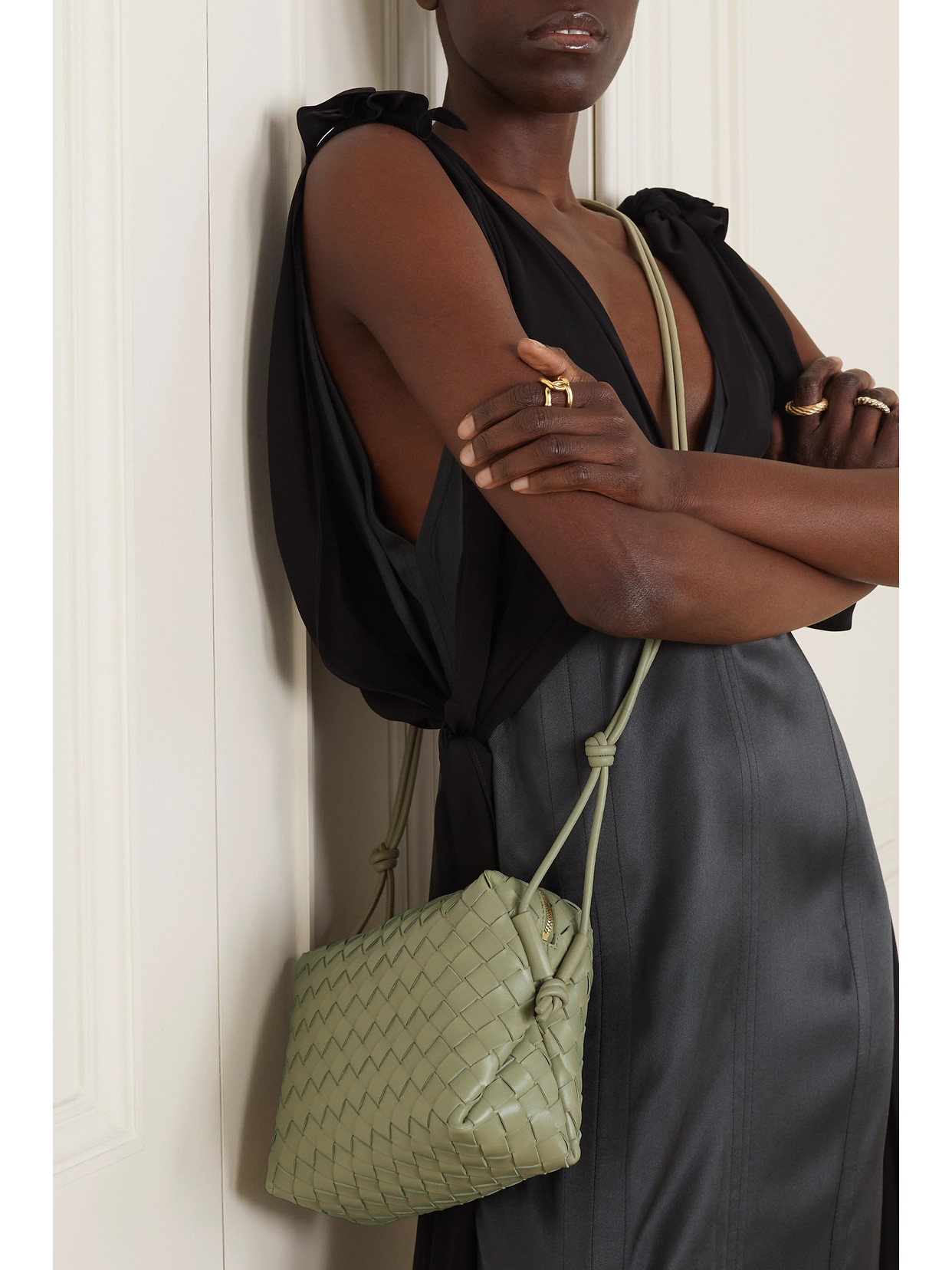 Shop Bottega Veneta Loop Mini Intrecciato Leather Shoulder Bag In Green