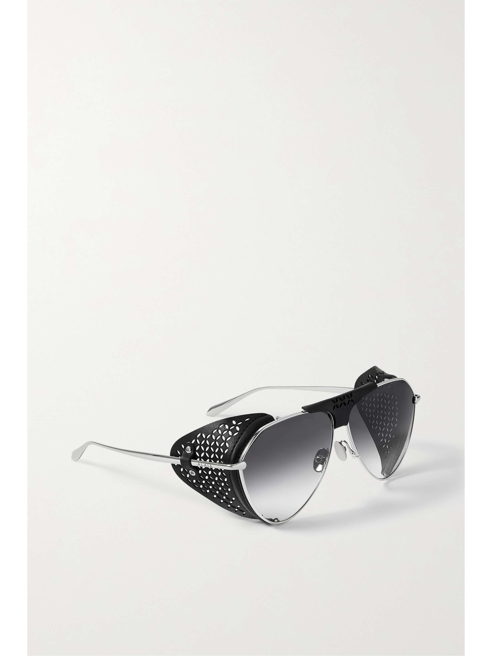 ALAÏA EYEWEAR Aviator-style laser-cut leather and silver-tone sunglasses