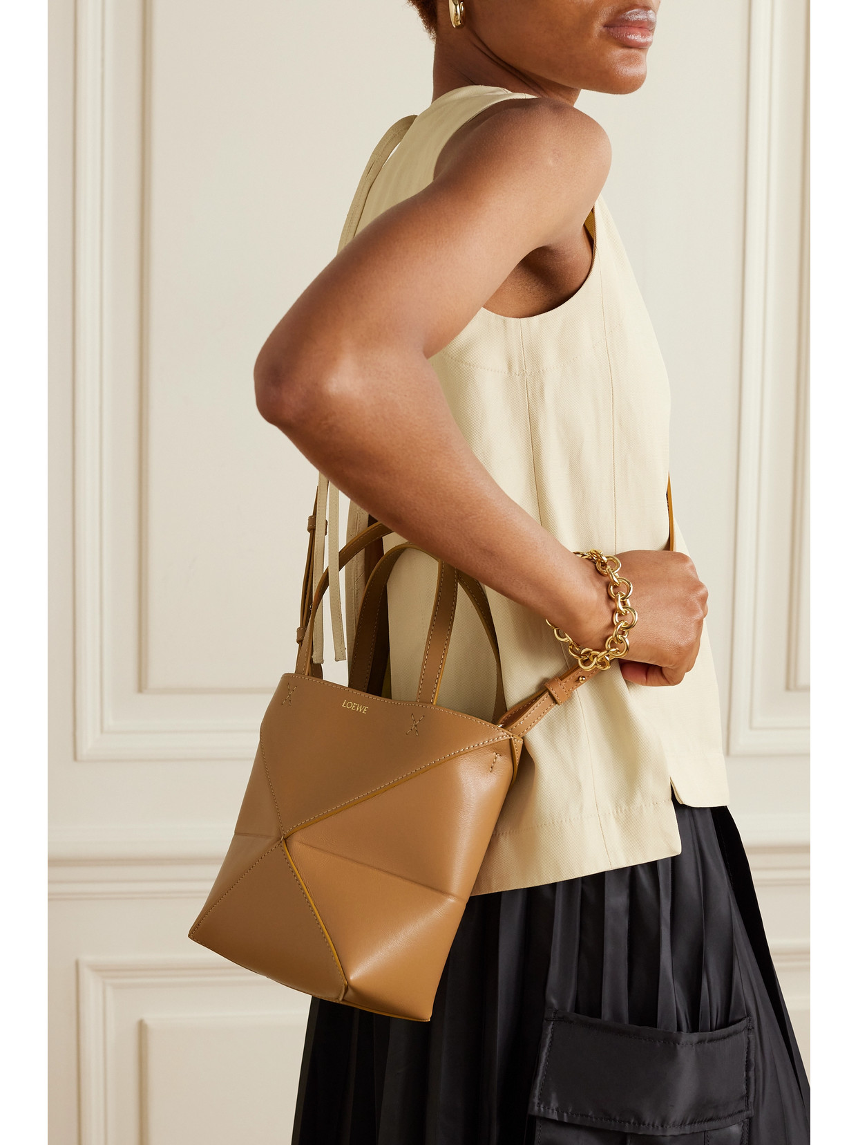 Loewe Puzzle Fold Medium Tote Bag In Shiny Leather In Brown