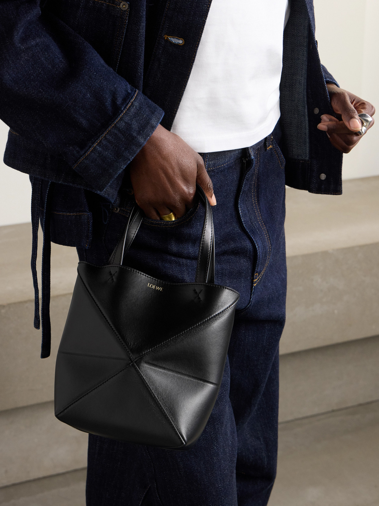 Loewe Puzzle Fold Convertible Medium Leather Tote In Black