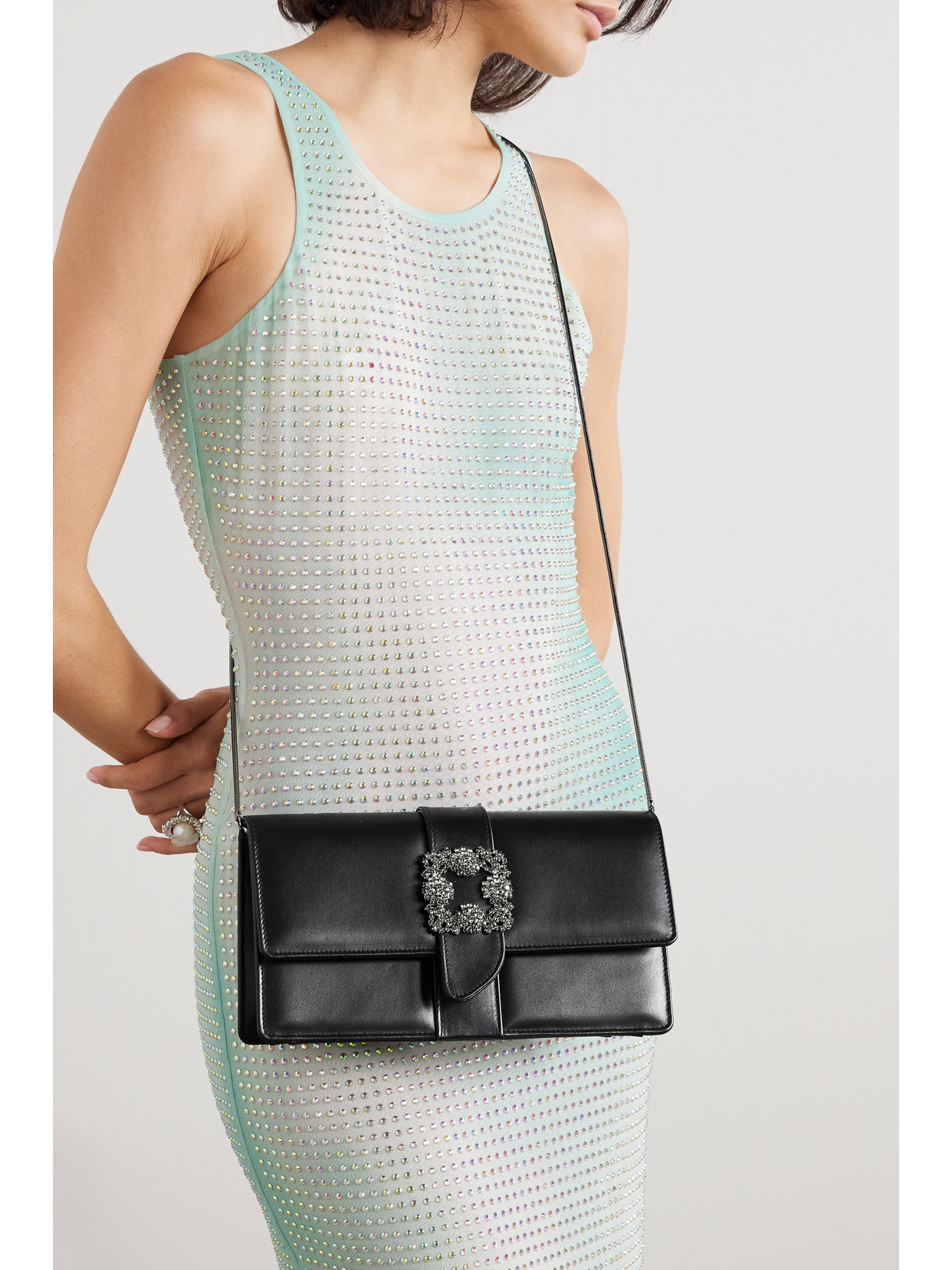 Manolo Blahnik Capri Crystal-embellished Leather Clutch In Black