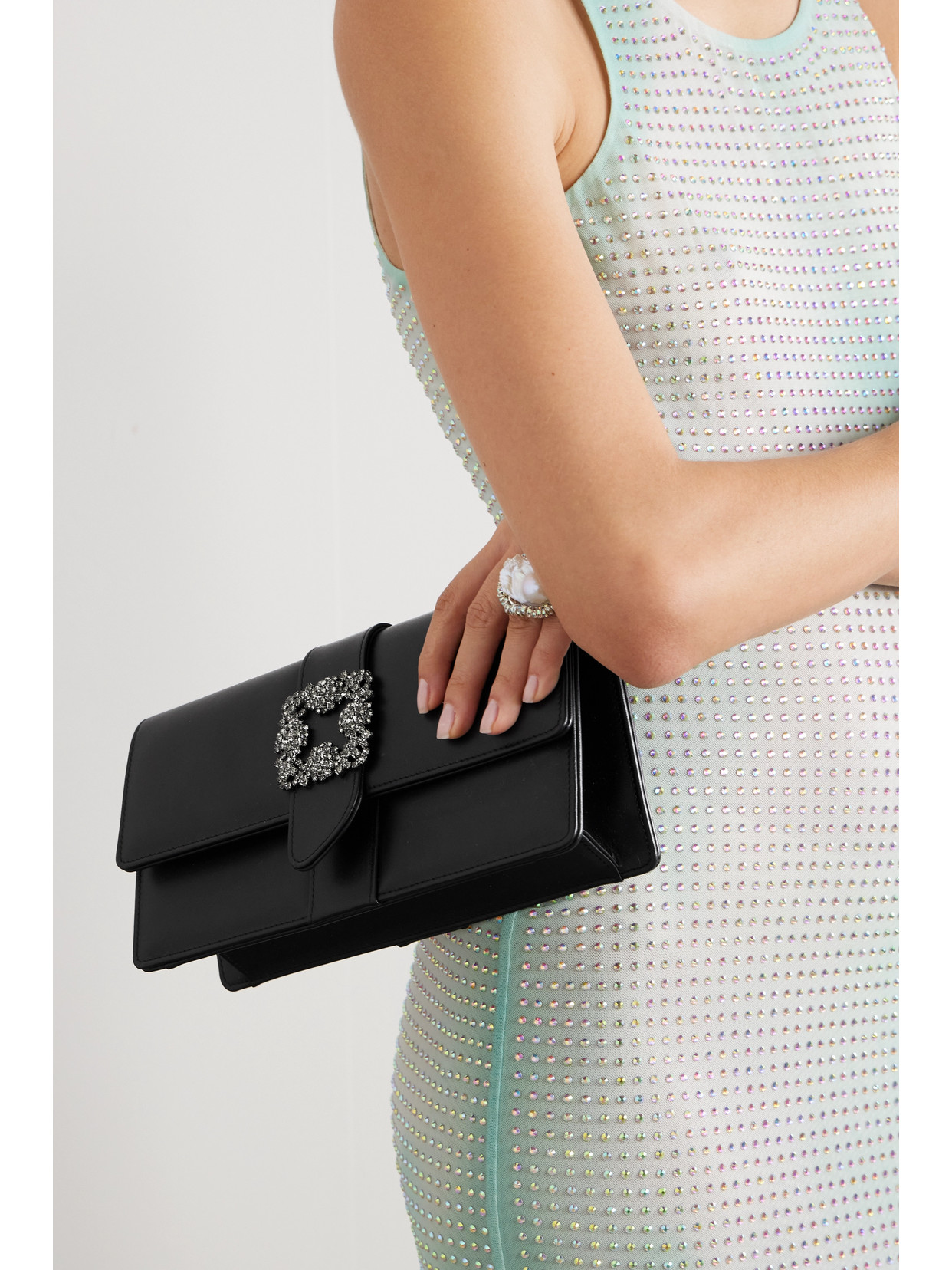 Shop Manolo Blahnik Capri Crystal-embellished Leather Clutch In Black