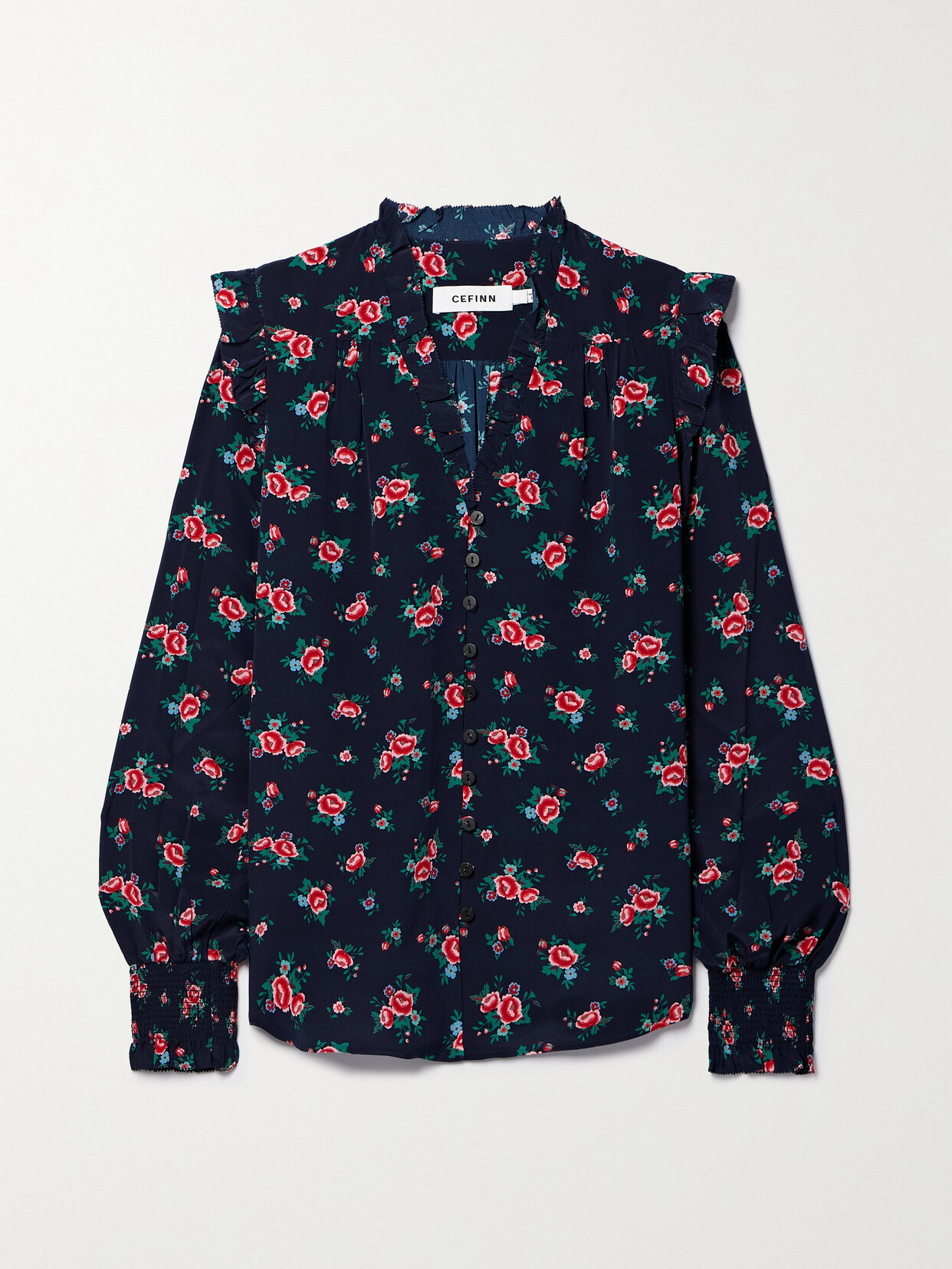 Cefinn - Stella Floral-print Ruffled Silk Crepe De Chine Blouse - Blue