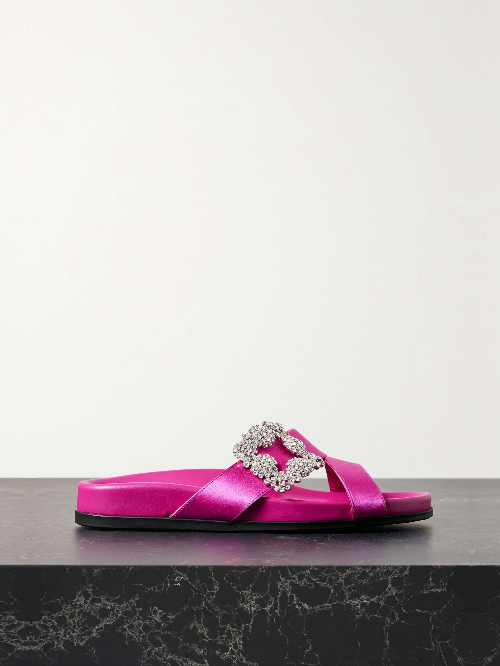 MANOLO BLAHNIK Chilanghi buckled embellished satin slides | NET-A-PORTER