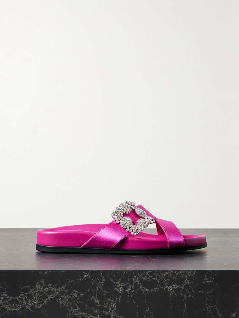 Manolo Blahnik Chilanghi Buckled Embellished Satin Slides
