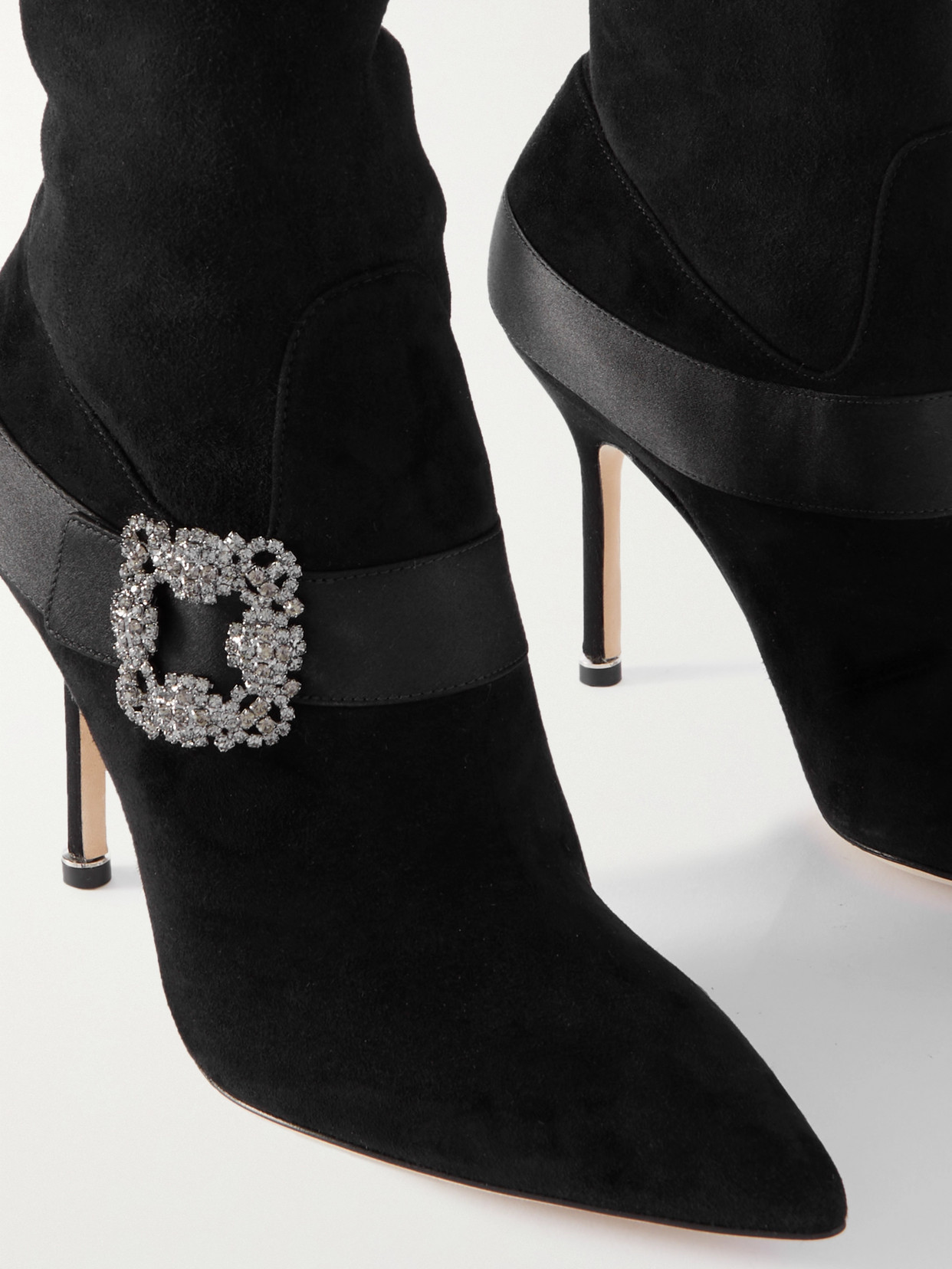 Shop Manolo Blahnik Plinianuthi 105 Buckled Satin-trimmed Suede Over-the-knee Boots In Black