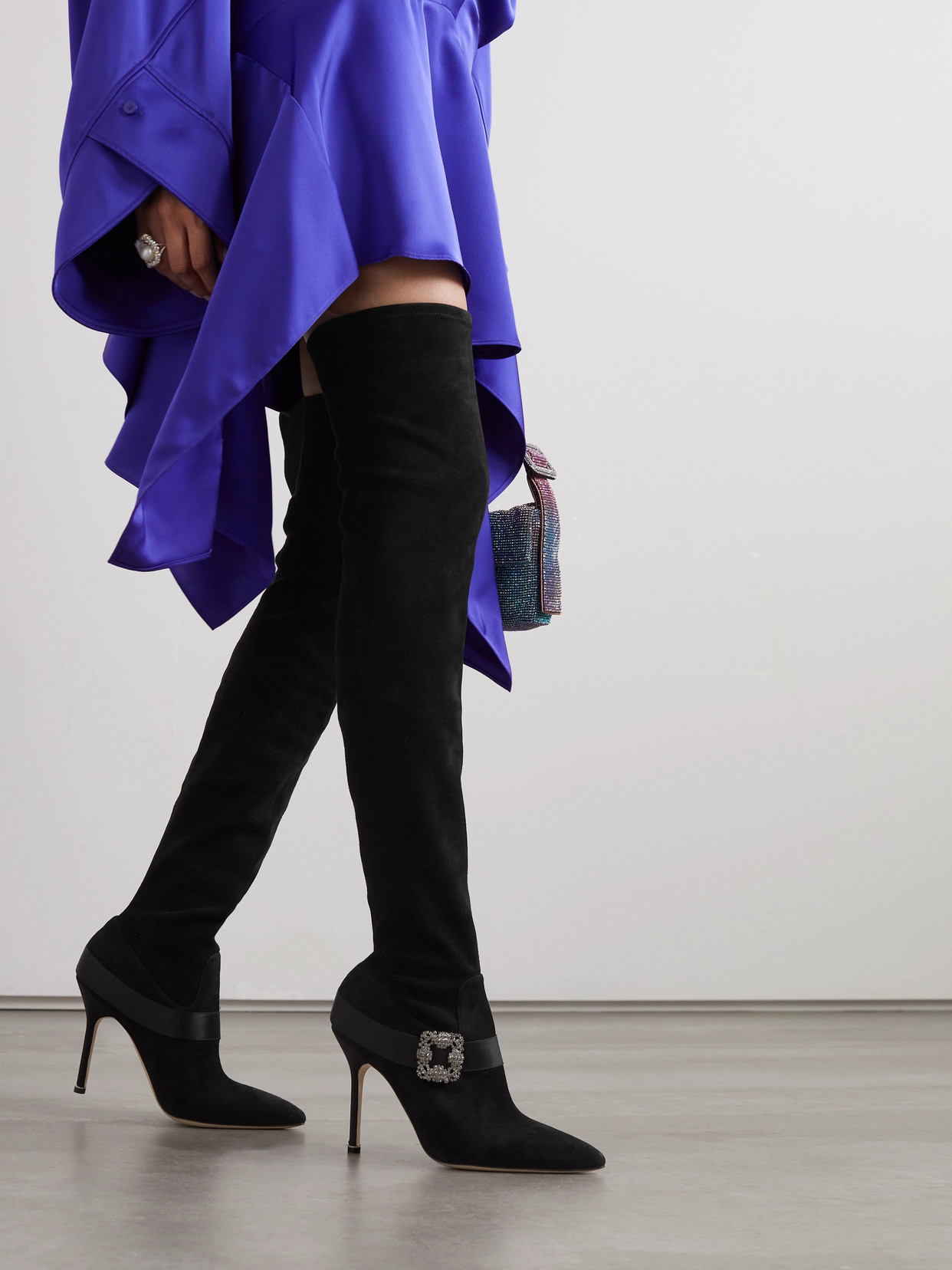 Shop Manolo Blahnik Plinianuthi 105 Buckled Satin-trimmed Suede Over-the-knee Boots In Black