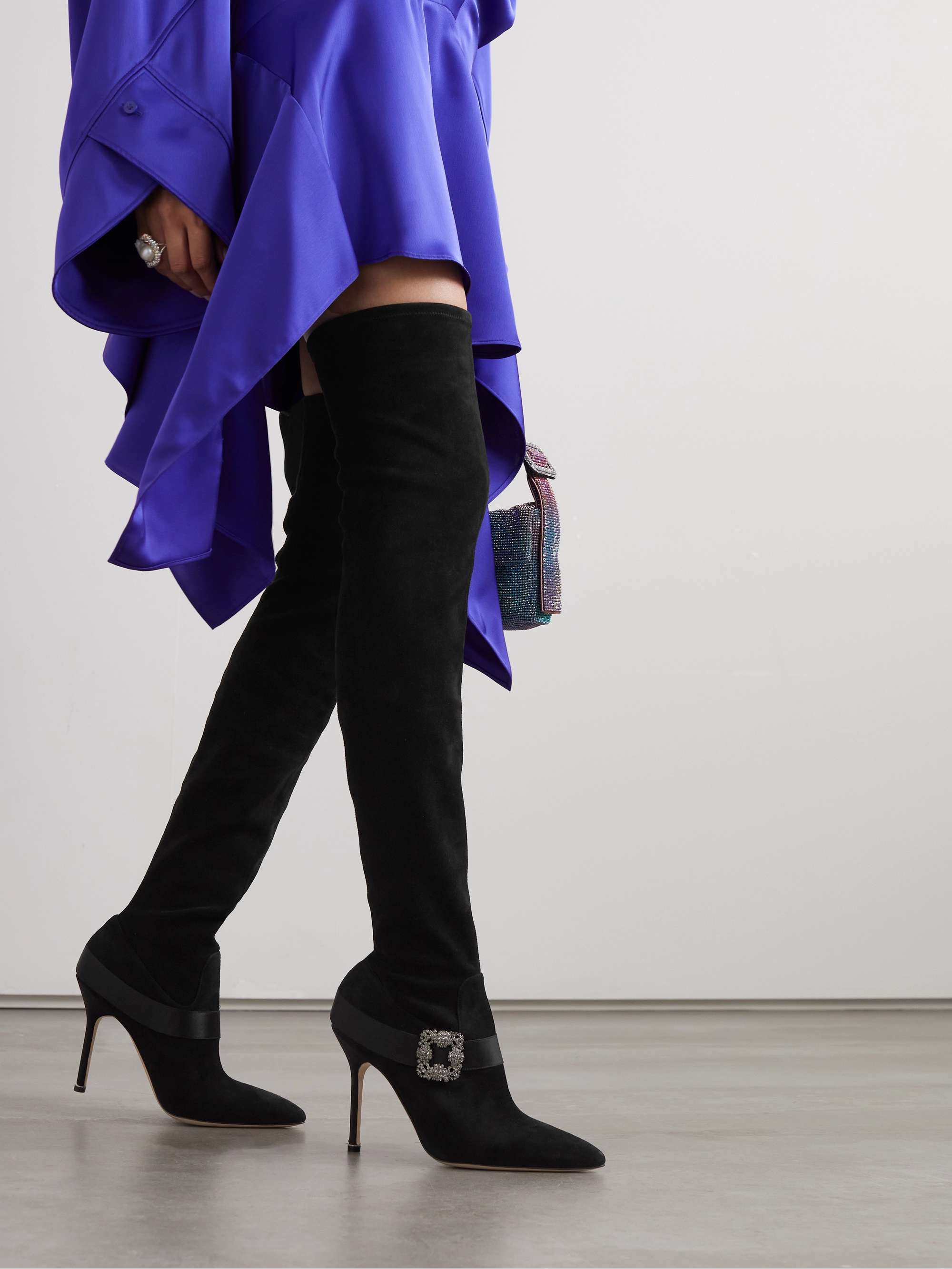 Plinianuthi 105 buckled satin-trimmed suede over-the-knee boots