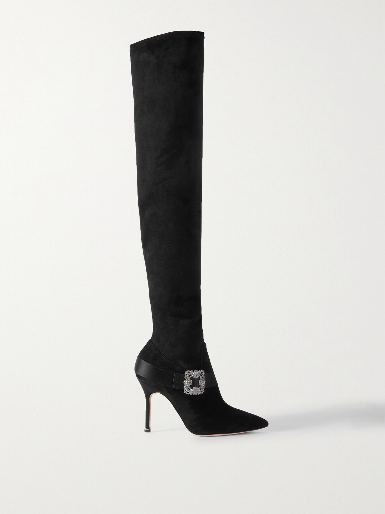 Shop Manolo Blahnik Plinianuthi 105 Buckled Satin-trimmed Suede Over-the-knee Boots In Black