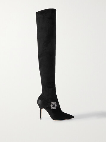 MANOLO BLAHNIK Plinianuthi 105 buckled satin-trimmed suede over-the-knee boots