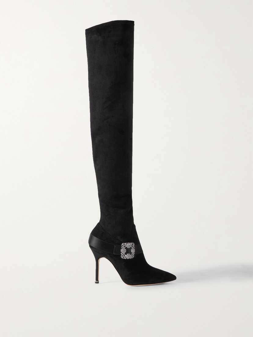 Manolo Blahnik Plinianuthi 105 Buckled Satin-trimmed Suede Over-the-knee Boots