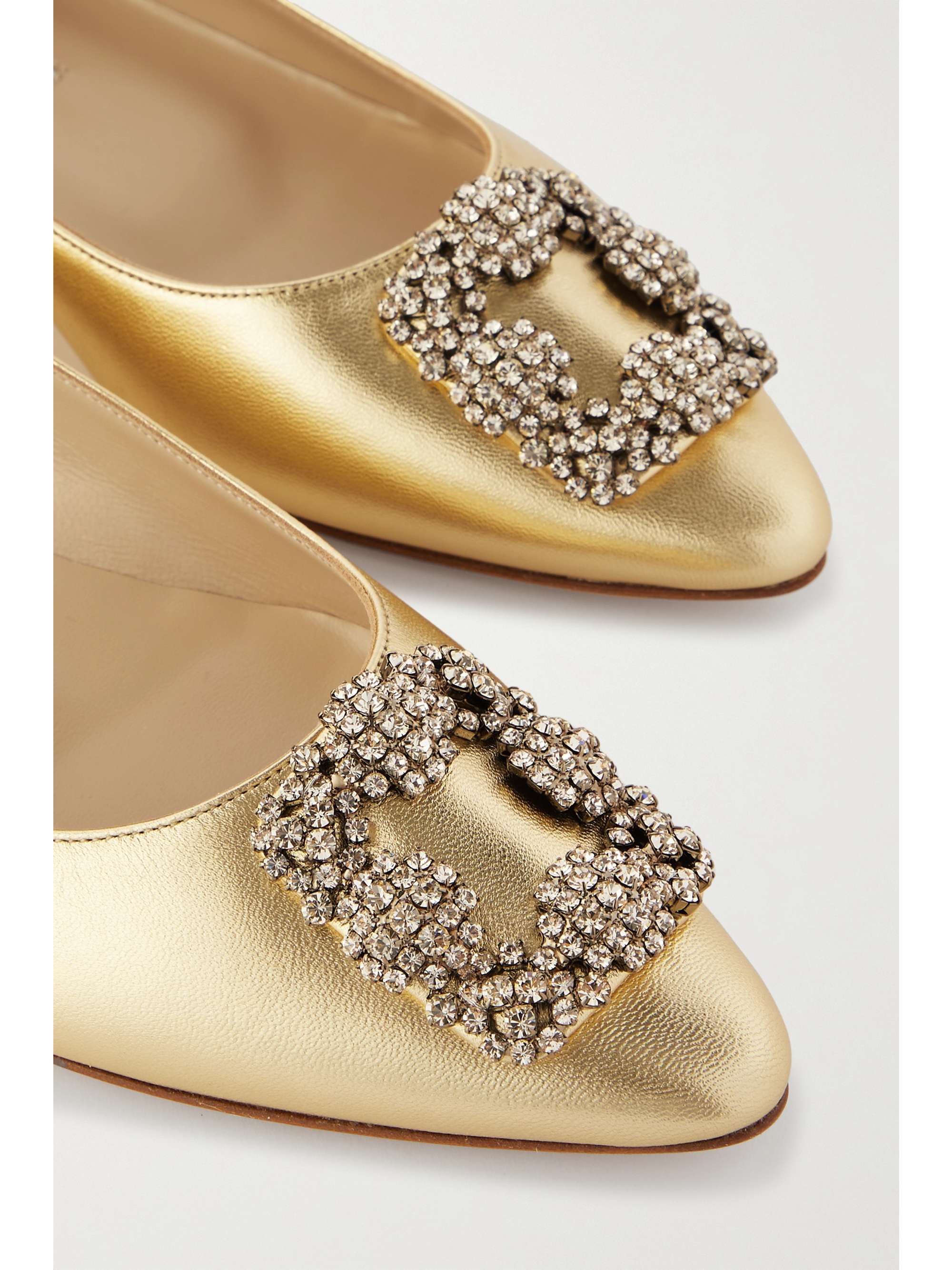 MANOLO BLAHNIK Hangisi embellished metallic leather point-toe flats ...