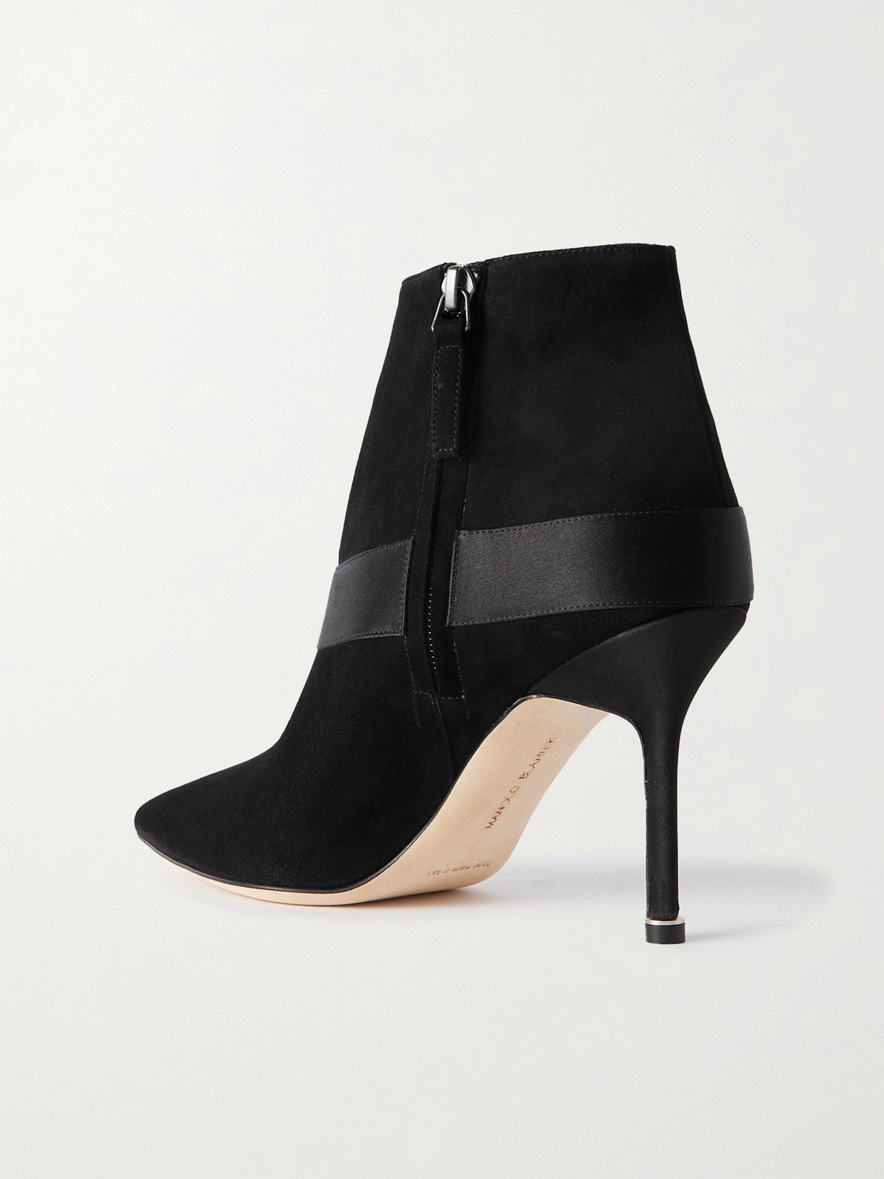 Manolo Blahnik Plinianu 90 Crystal-embellished Satin-trimmed Suede Ankle Boots In Black