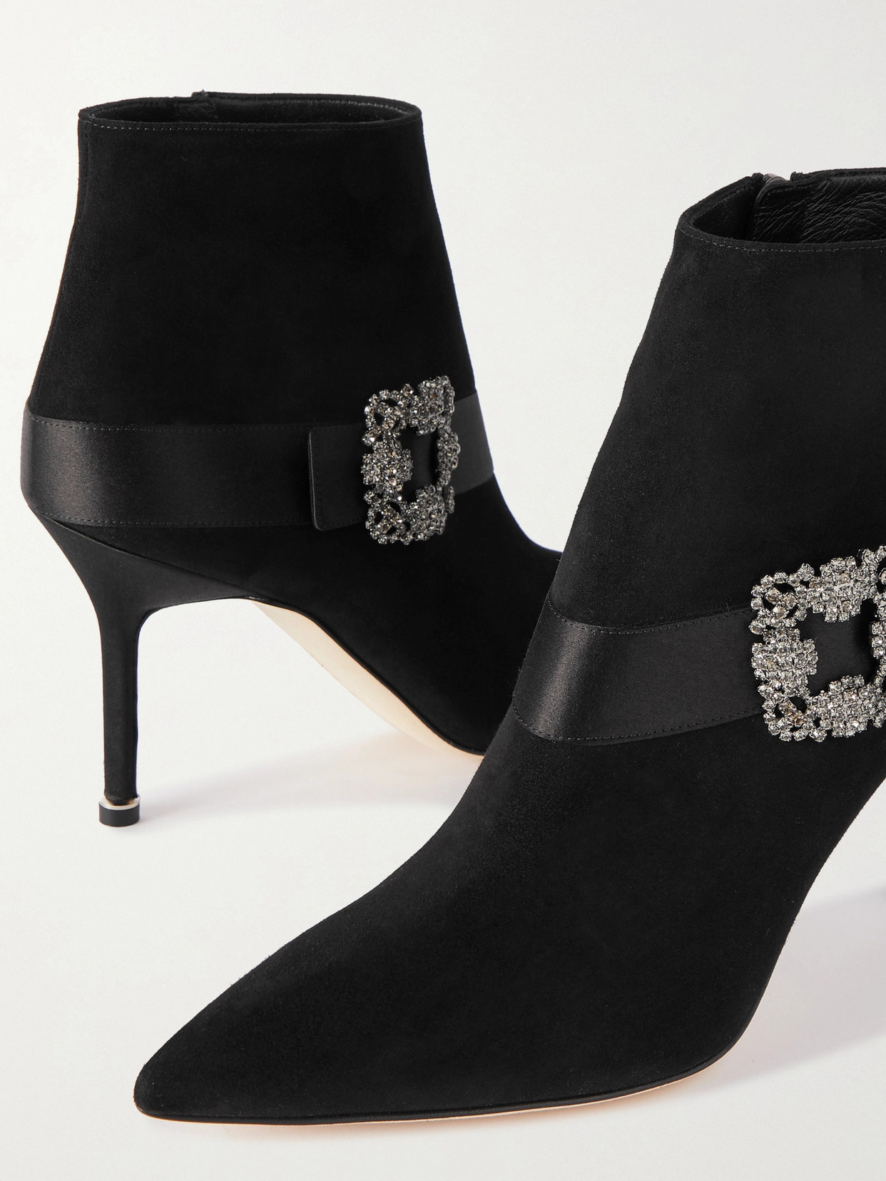 Manolo Blahnik Plinianu 90 Crystal-embellished Satin-trimmed Suede Ankle Boots In Black