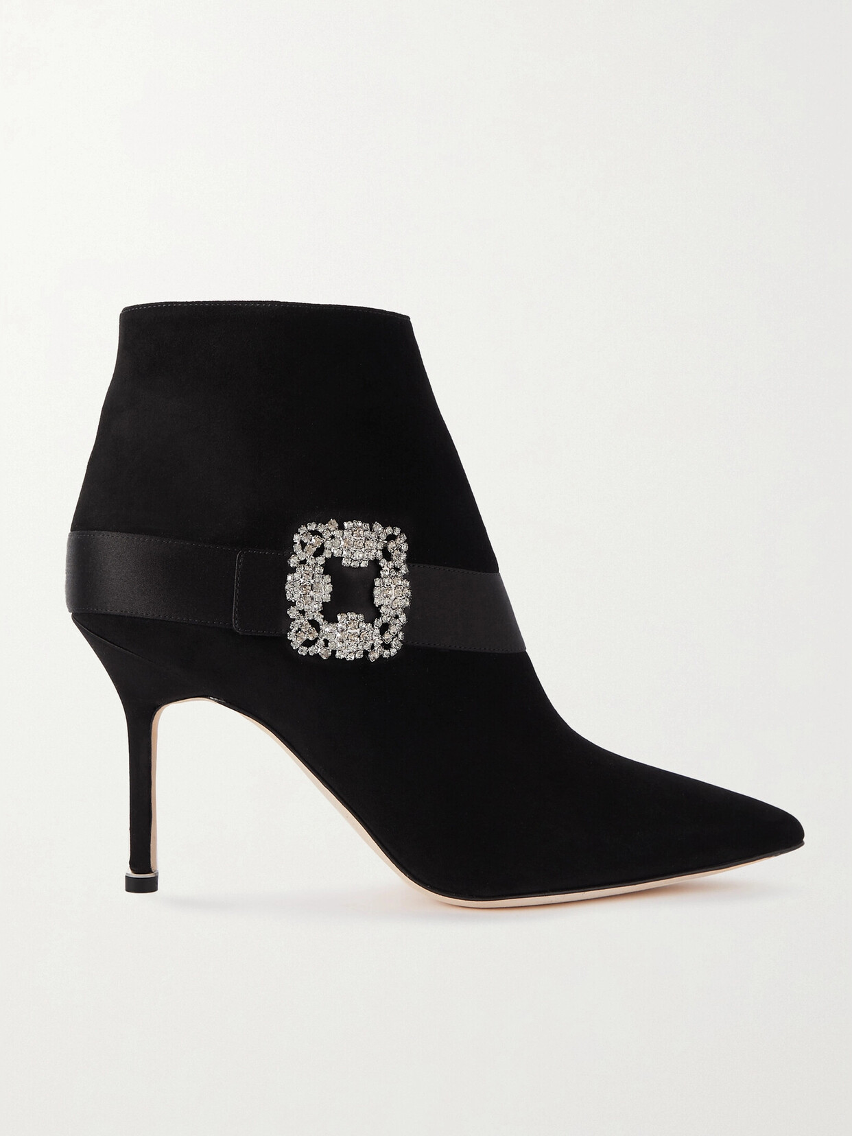 Manolo Blahnik - Plinianu 90 Crystal-embellished Satin-trimmed Suede Ankle Boots - Black