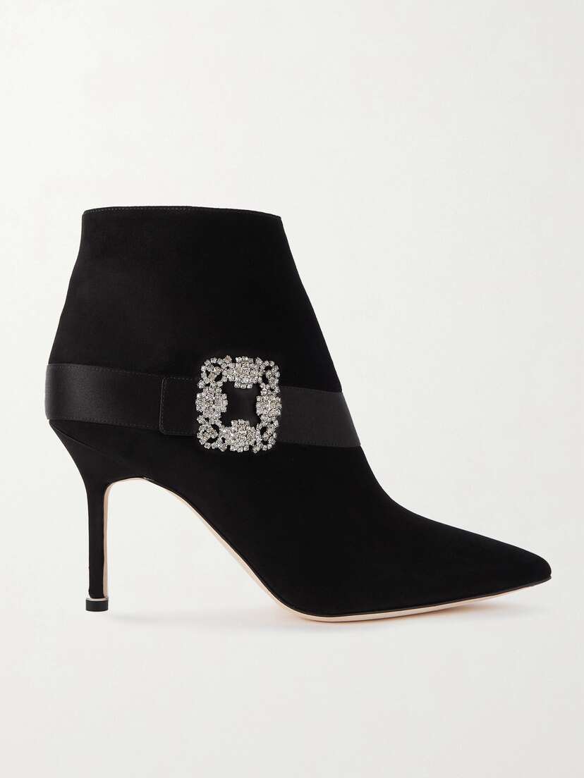 Manolo Blahnik Plinianu 90 Crystal-embellished Satin-trimmed Suede Ankle Boots