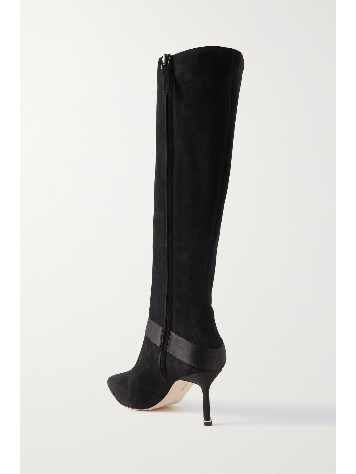 Manolo Blahnik Pliniahi 70 Embellished Satin-trimmed Suede Knee Boots In Black