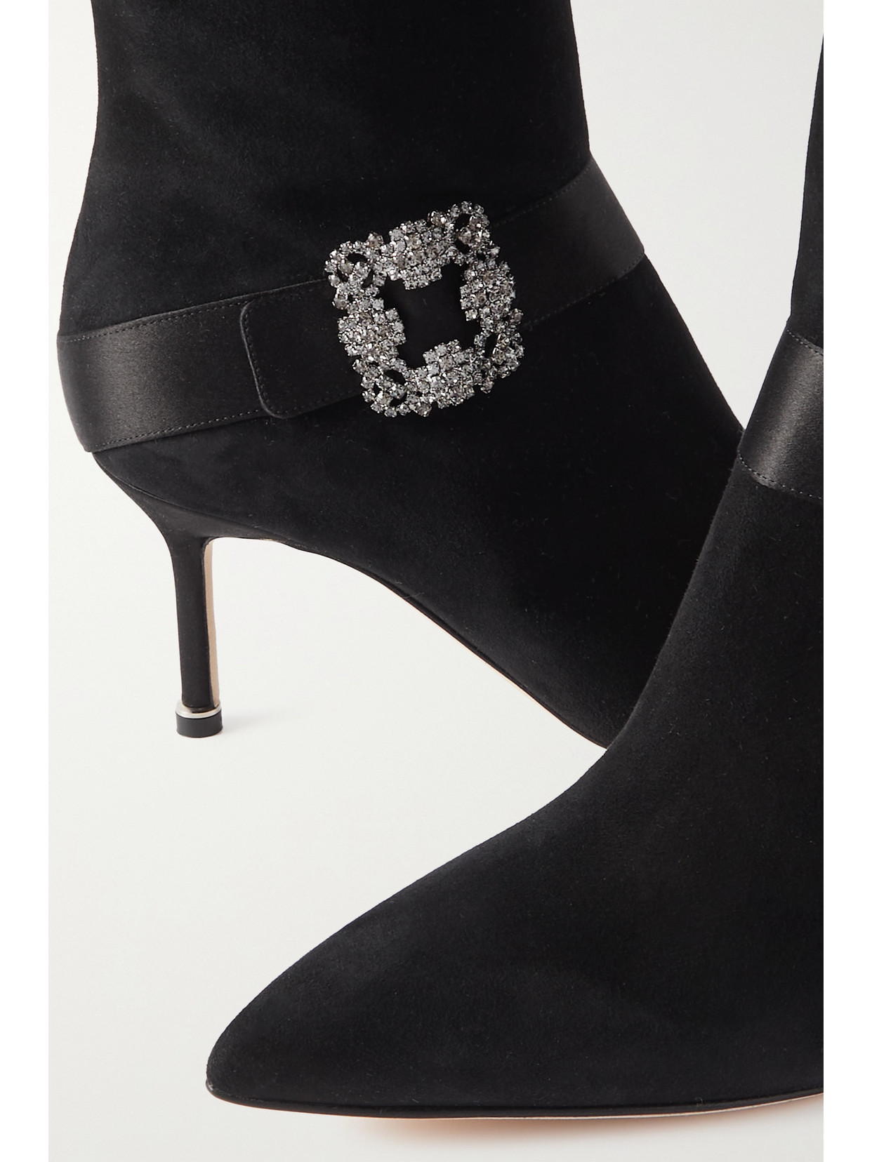 Manolo Blahnik Pliniahi 70 Embellished Satin-trimmed Suede Knee Boots In Black