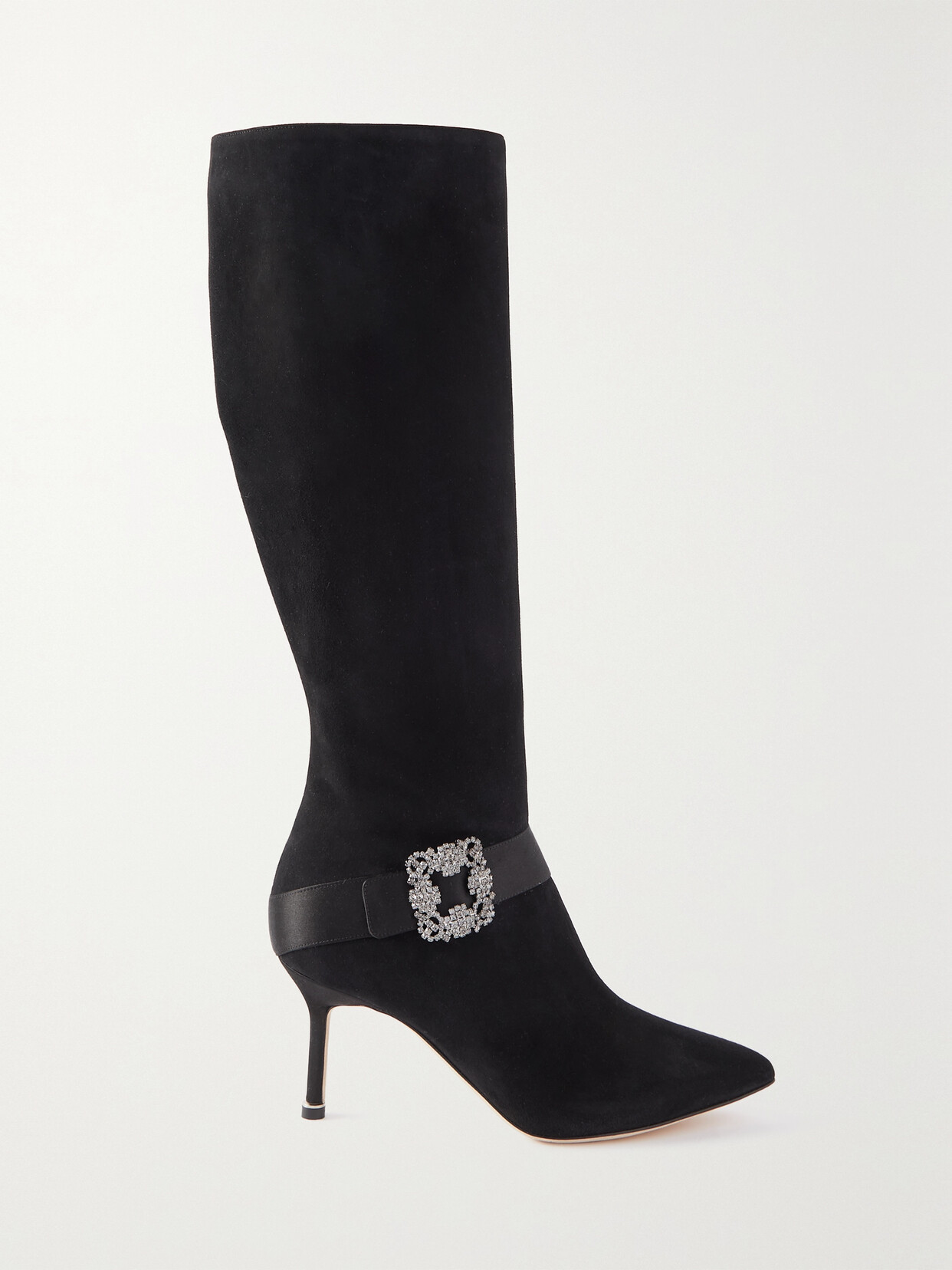 Shop Manolo Blahnik Pliniahi 70 Embellished Satin-trimmed Suede Knee Boots In Black