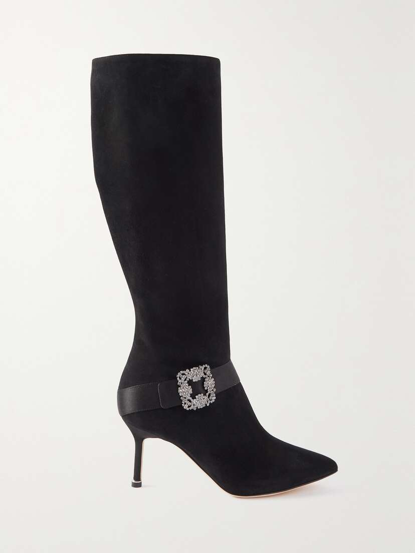 Manolo Blahnik Pliniahi 70 Embellished Satin-trimmed Suede Knee Boots