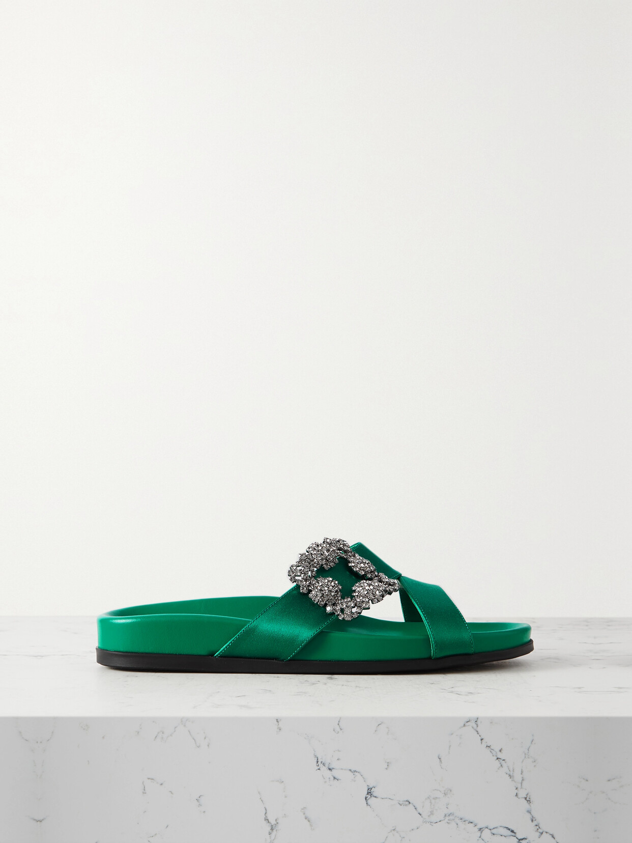 Manolo Blahnik Chilanghi Crystal Buckle Slide Sandals In Green